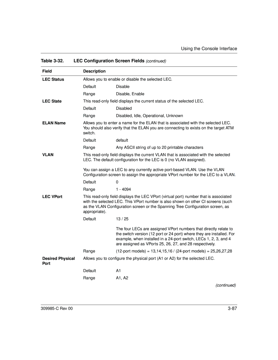 Nortel Networks 10BASE-T manual LEC Configuration Screen Fields 