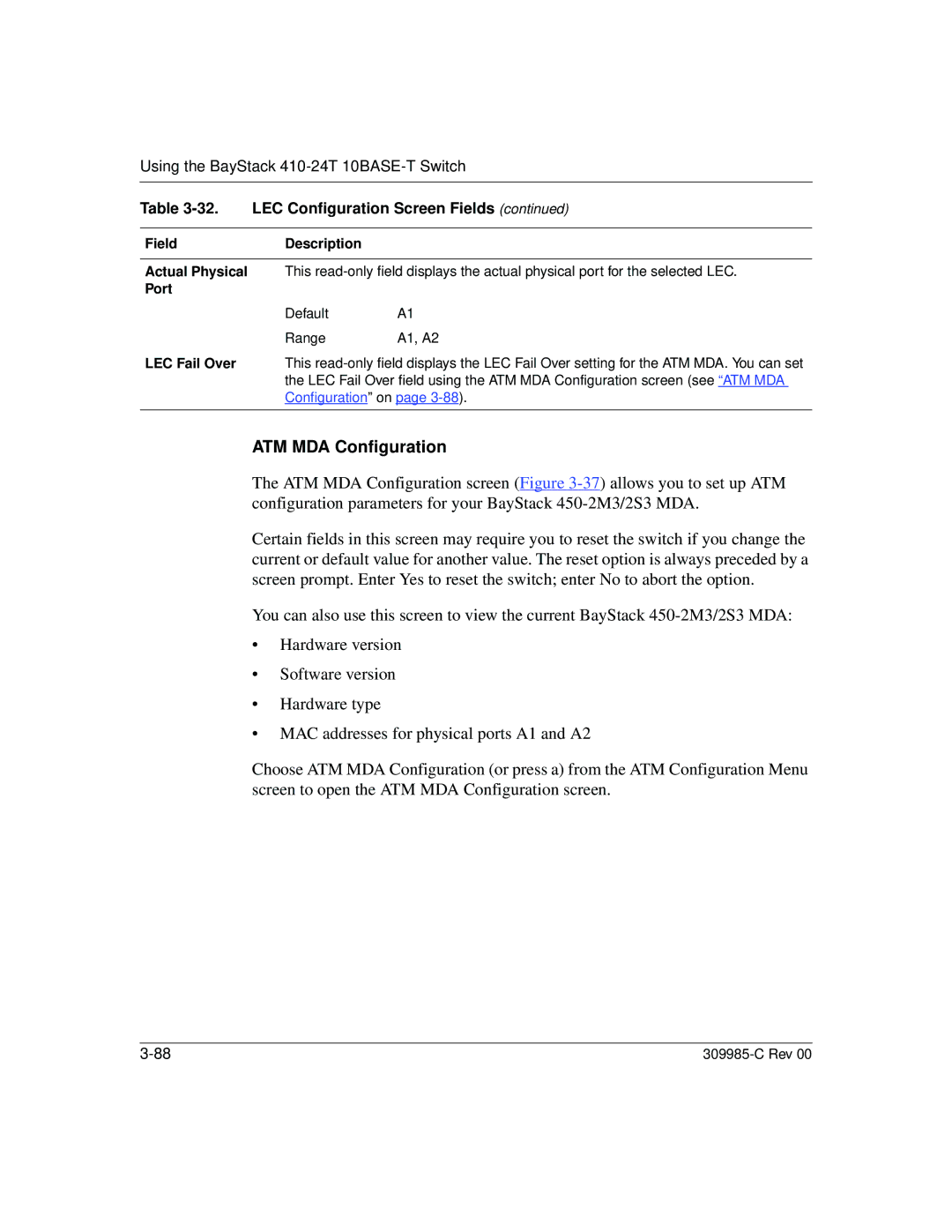 Nortel Networks 10BASE-T manual ATM MDA Configuration, LEC Configuration Screen Fields 