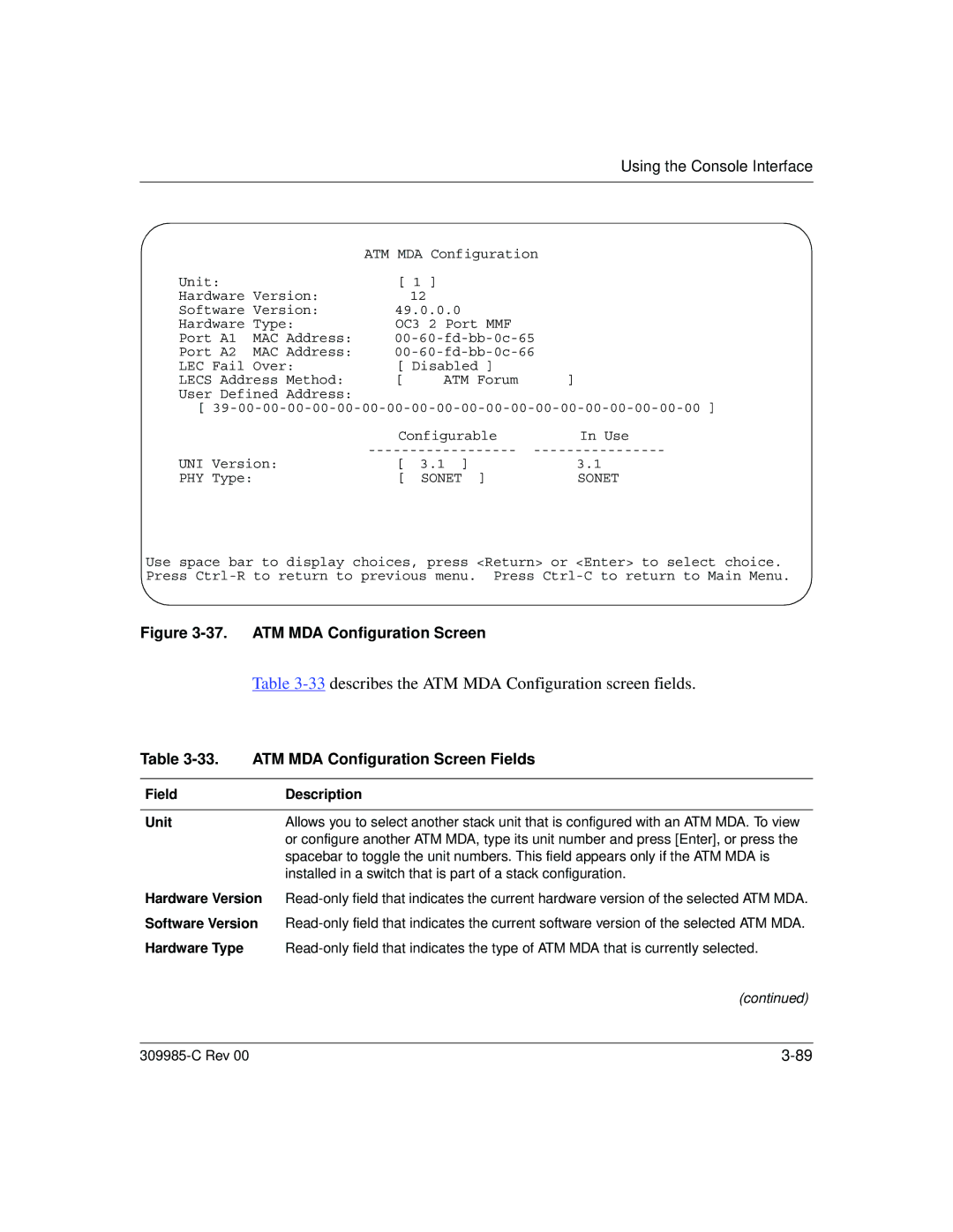 Nortel Networks 10BASE-T manual describes the ATM MDA Configuration screen fields, ATM MDA Configuration Screen Fields 