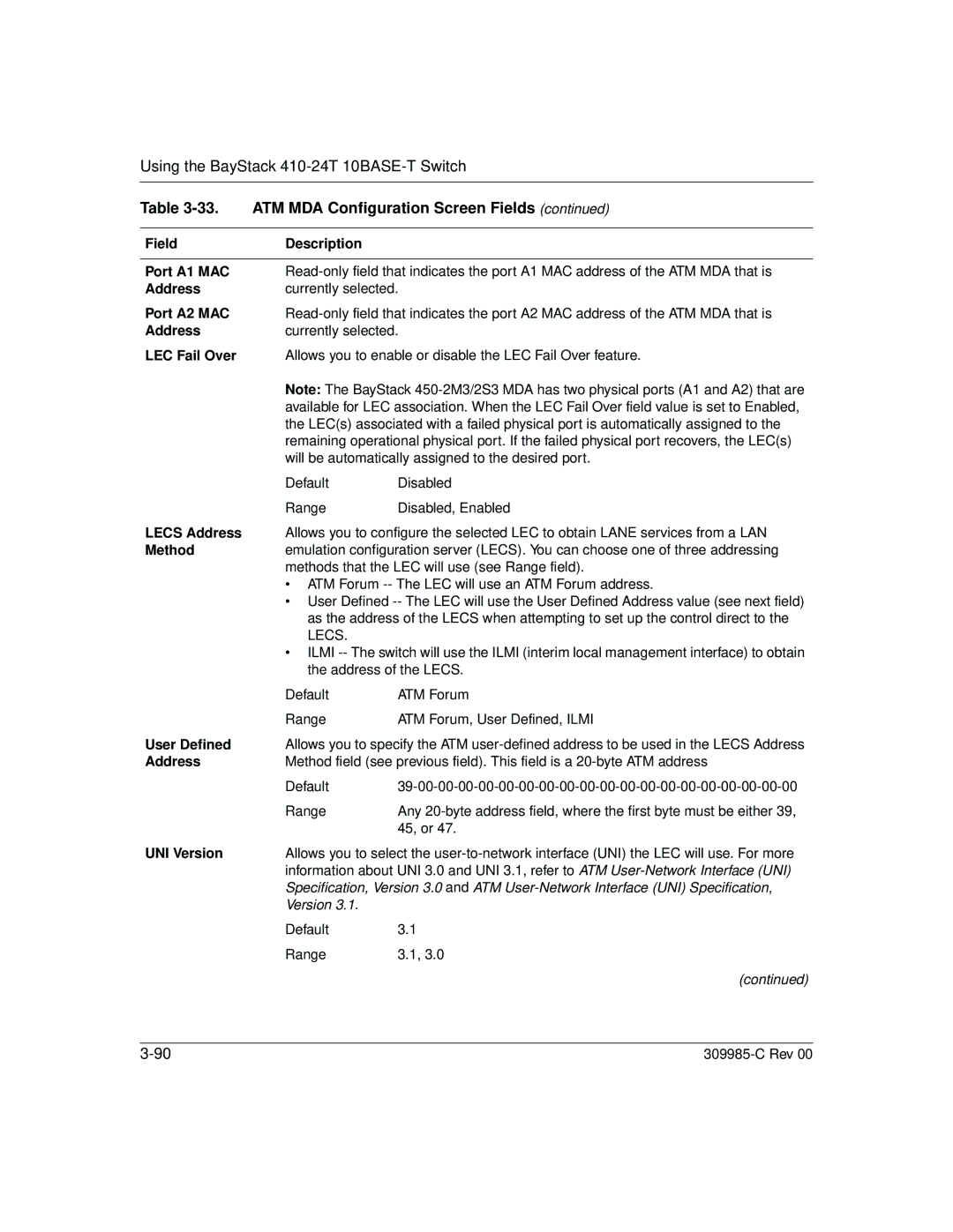 Nortel Networks 10BASE-T manual User Defined, UNI Version 