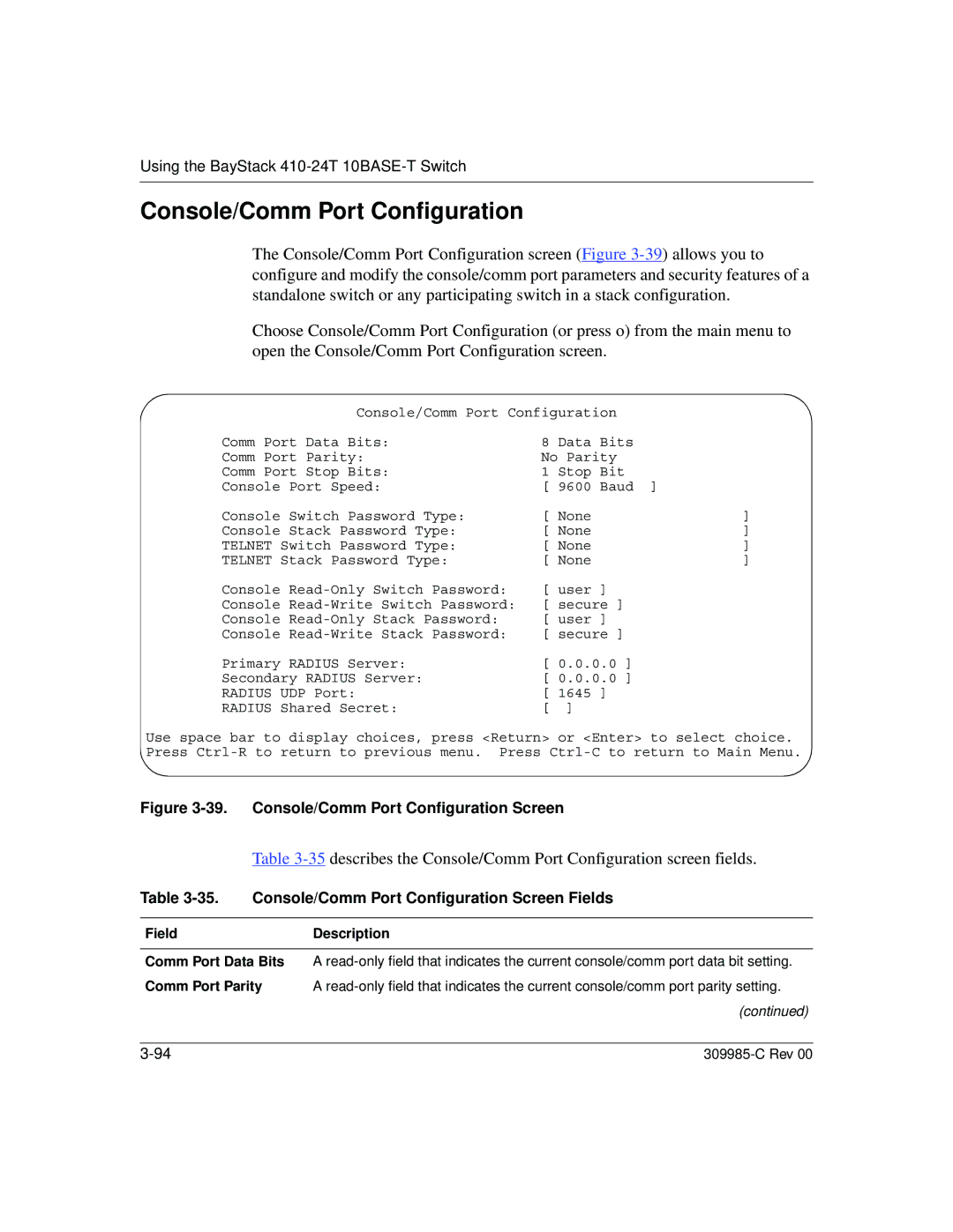 Nortel Networks 10BASE-T manual Console/Comm Port Configuration Screen Fields 