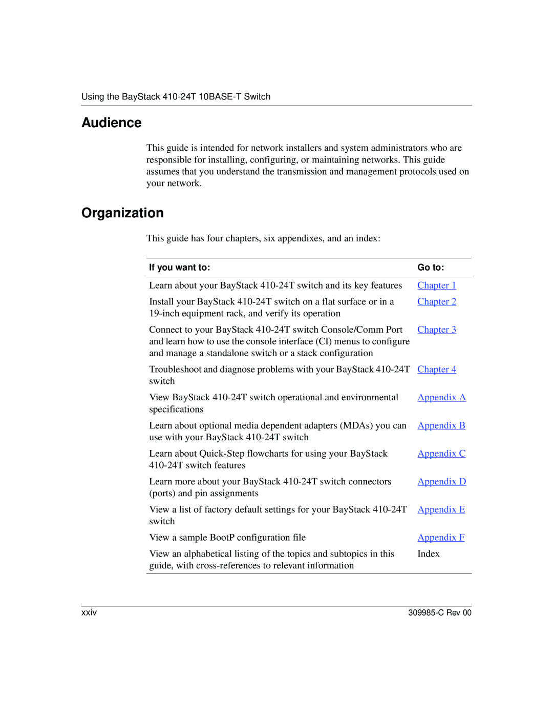 Nortel Networks 10BASE-T manual Audience, Organization, This guide has four chapters, six appendixes, and an index 