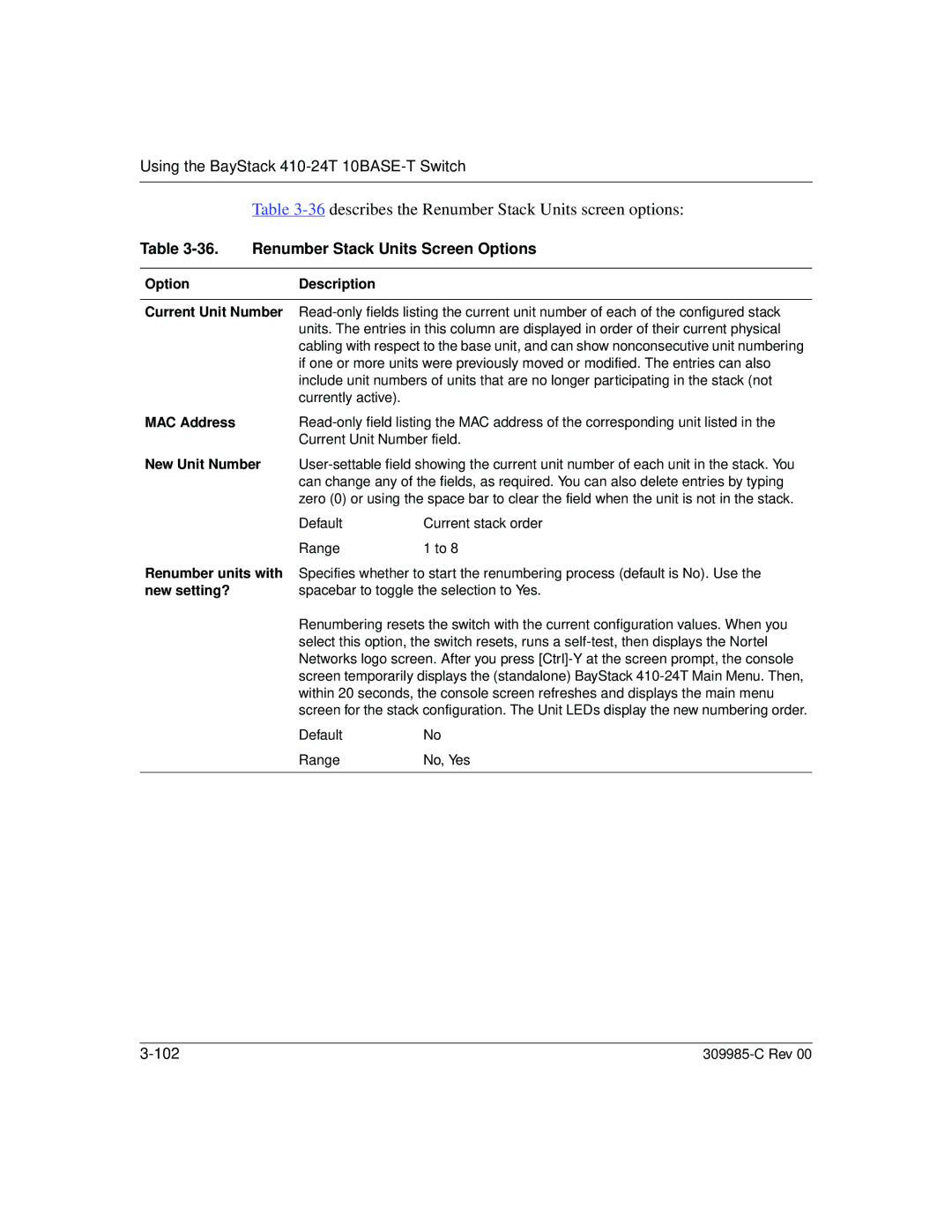 Nortel Networks 10BASE-T manual describes the Renumber Stack Units screen options, Renumber Stack Units Screen Options 