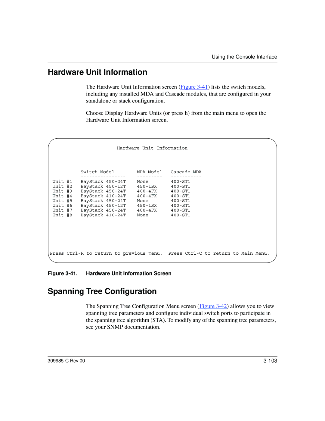 Nortel Networks 10BASE-T manual Hardware Unit Information, Spanning Tree Configuration 