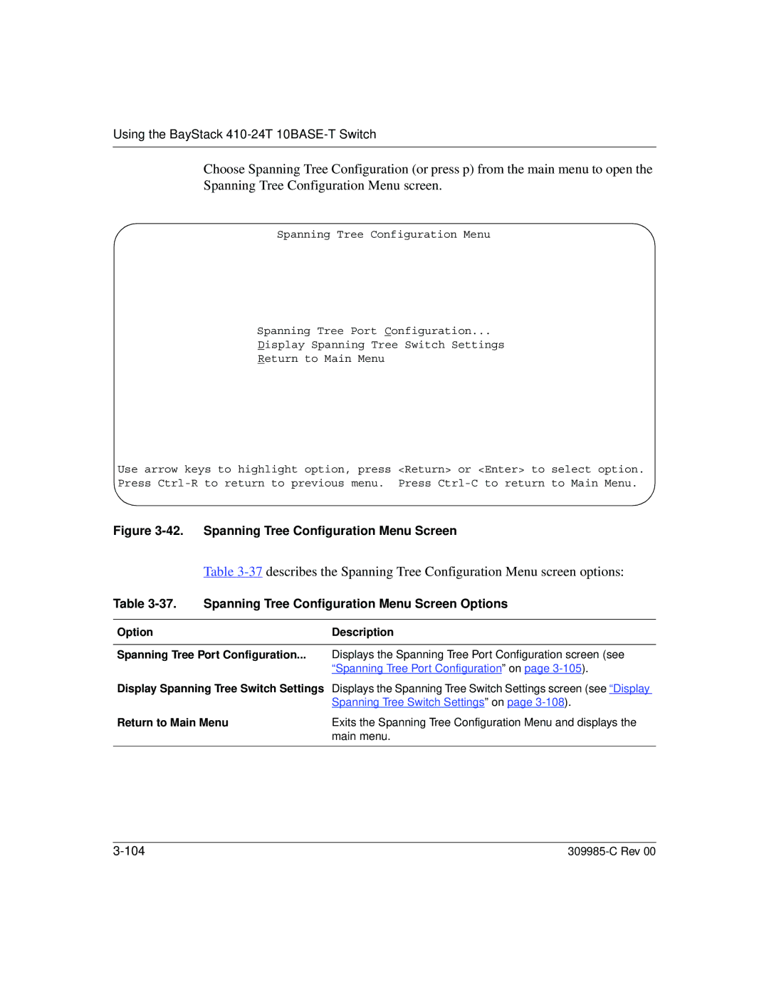 Nortel Networks 10BASE-T manual Spanning Tree Configuration Menu Screen Options, Return to Main Menu 