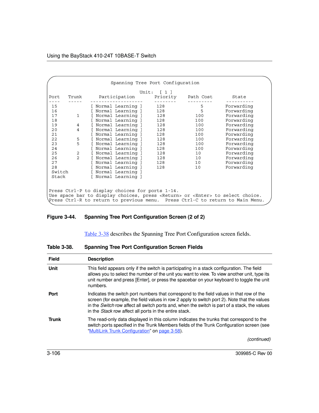 Nortel Networks 10BASE-T manual Spanning Tree Port Configuration Screen 2, Spanning Tree Port Configuration Screen Fields 