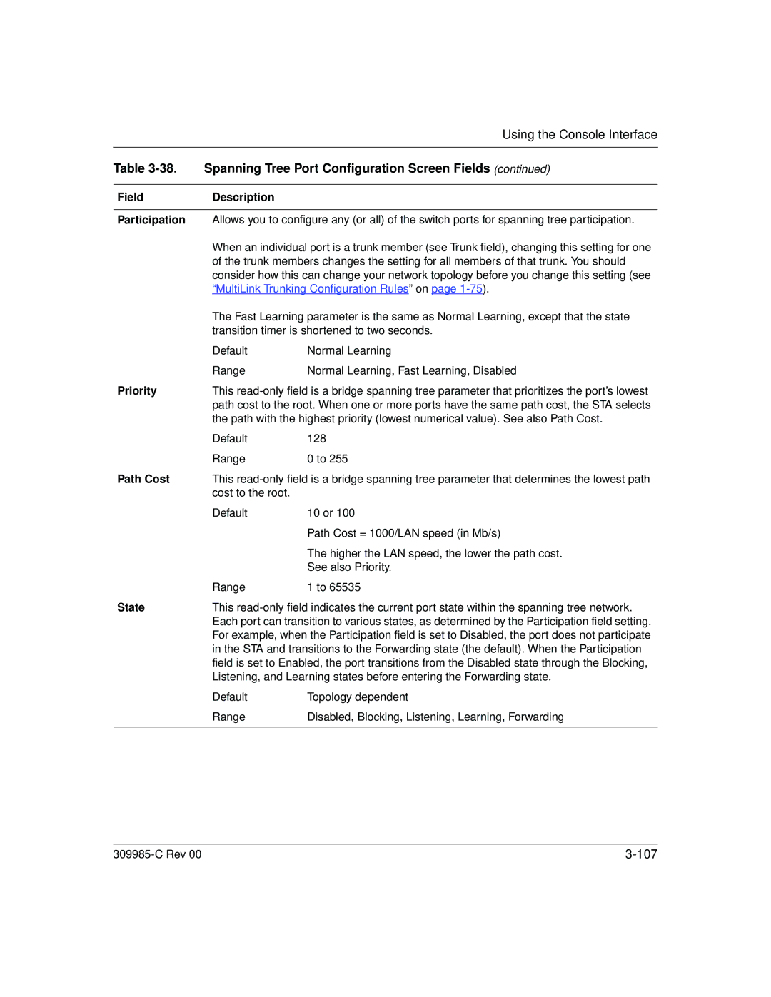 Nortel Networks 10BASE-T manual Spanning Tree Port Configuration Screen Fields 