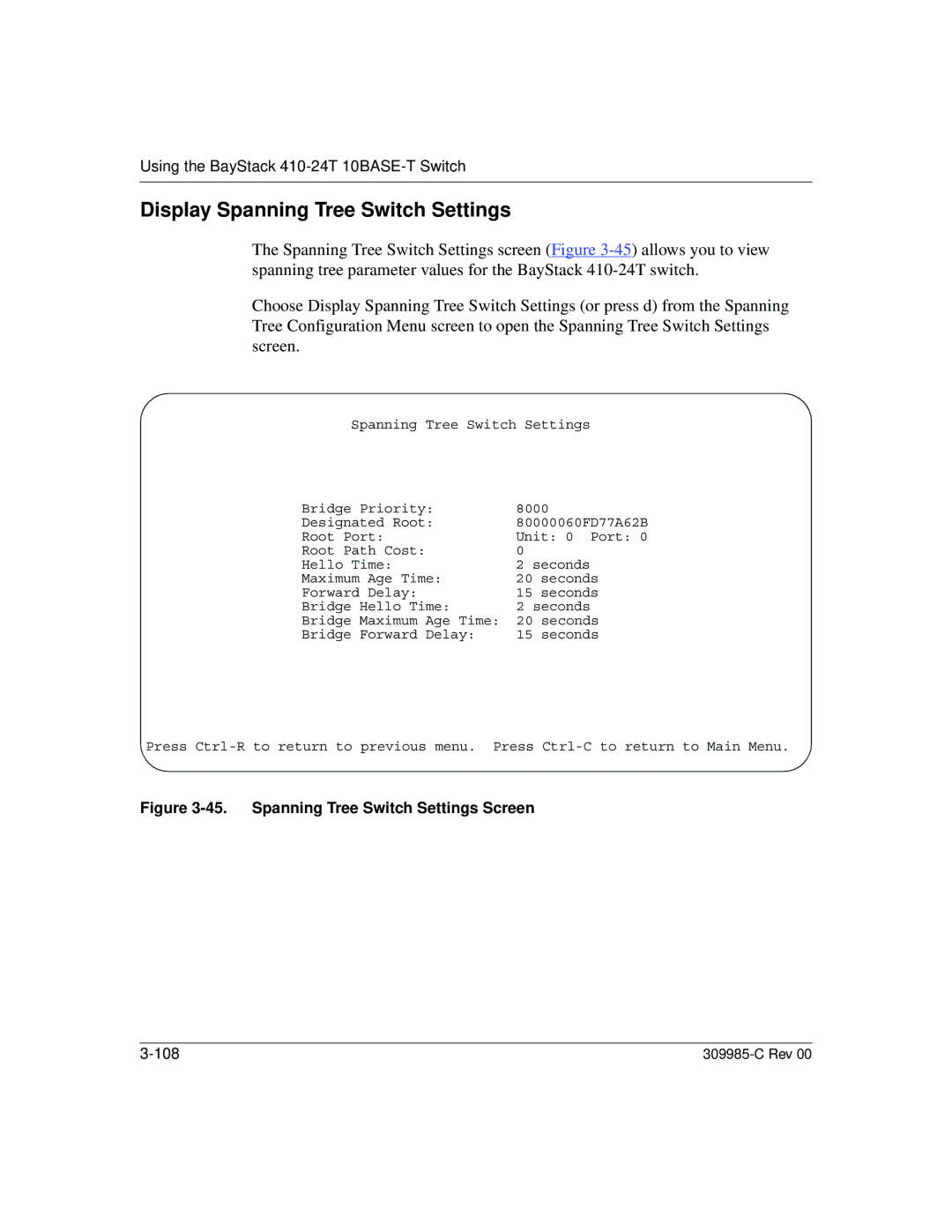 Nortel Networks 10BASE-T manual Display Spanning Tree Switch Settings, Spanning Tree Switch Settings Screen 