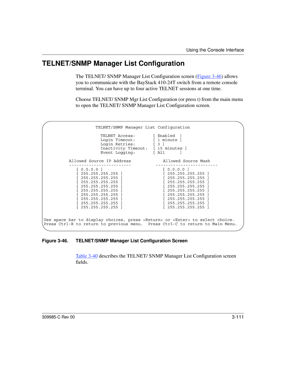 Nortel Networks 10BASE-T manual TELNET/SNMP Manager List Configuration Screen 