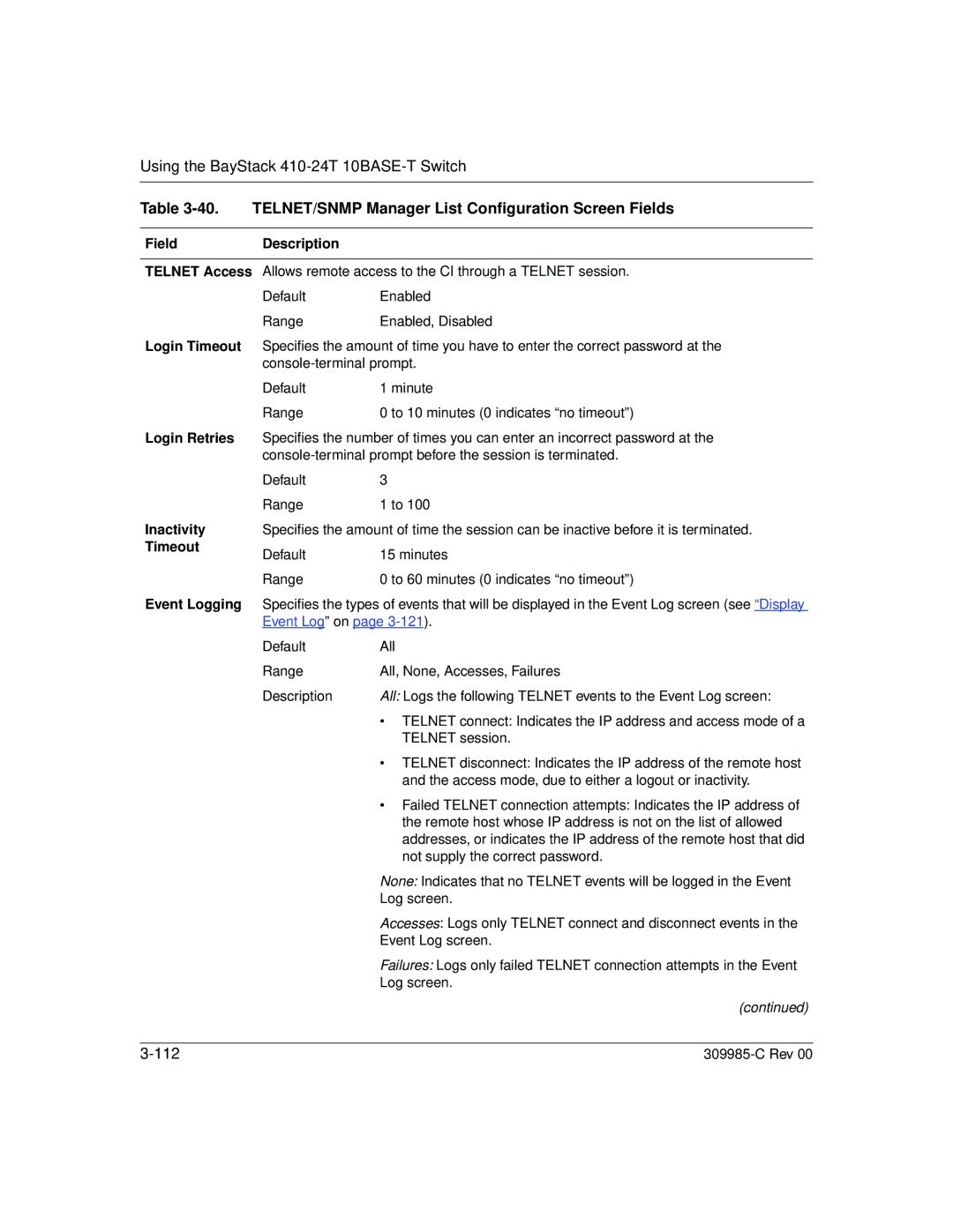 Nortel Networks 10BASE-T manual TELNET/SNMP Manager List Configuration Screen Fields 