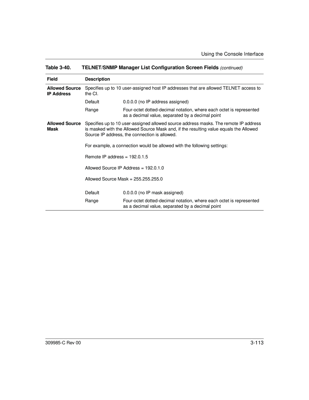 Nortel Networks 10BASE-T manual Field Description Allowed Source, IP Address, Mask 