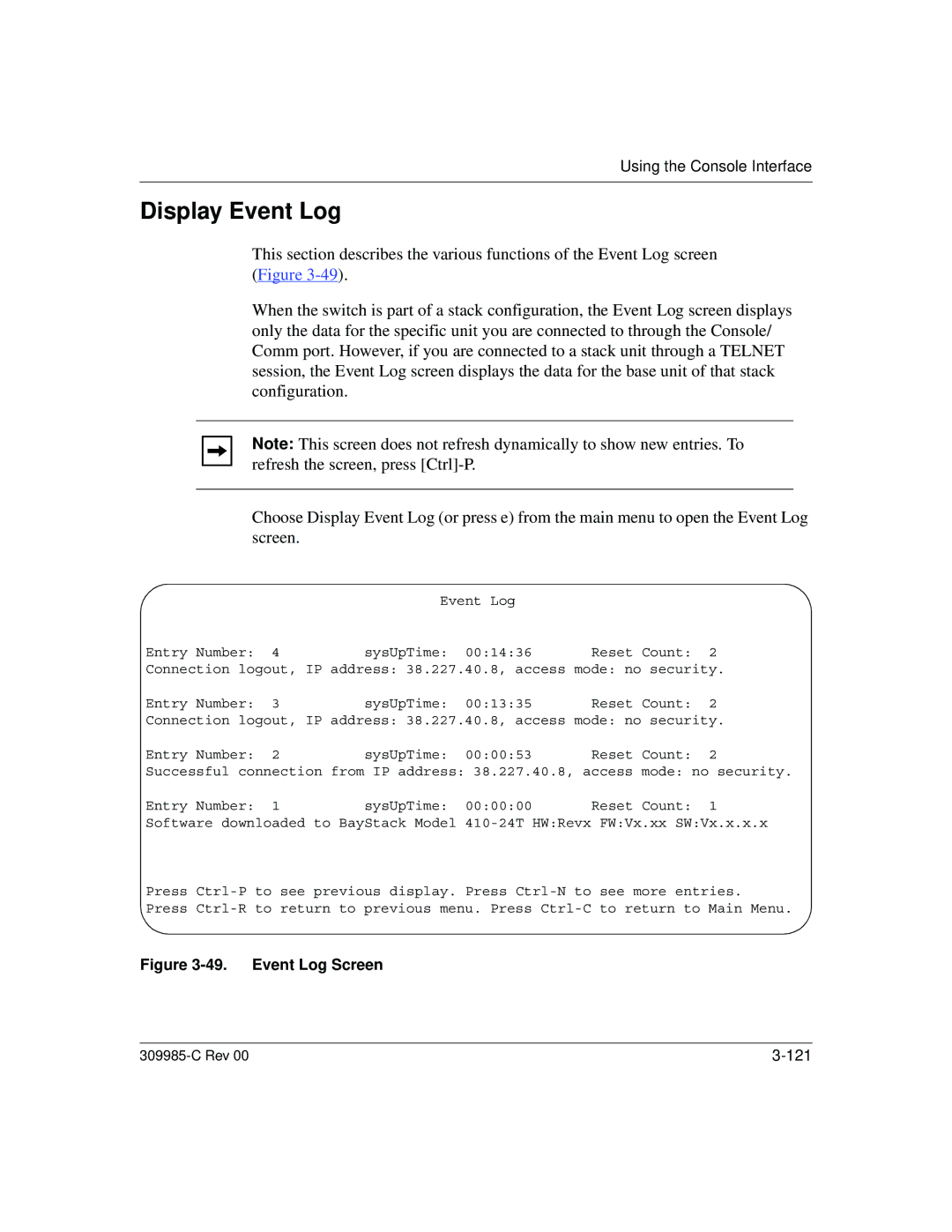 Nortel Networks 10BASE-T manual Display Event Log, Event Log Screen 