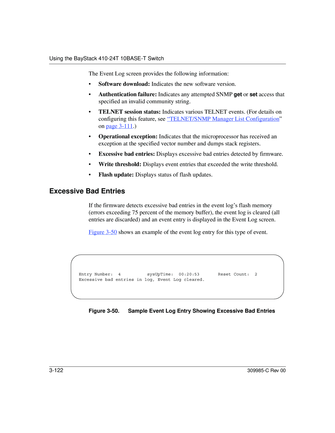 Nortel Networks 10BASE-T manual Sample Event Log Entry Showing Excessive Bad Entries 