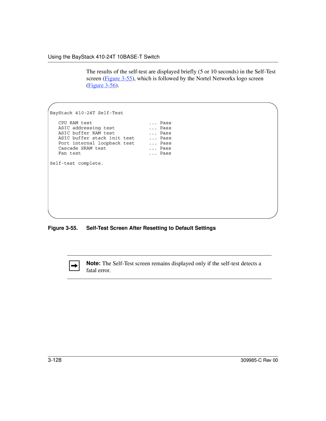 Nortel Networks 10BASE-T manual Self-Test Screen After Resetting to Default Settings 