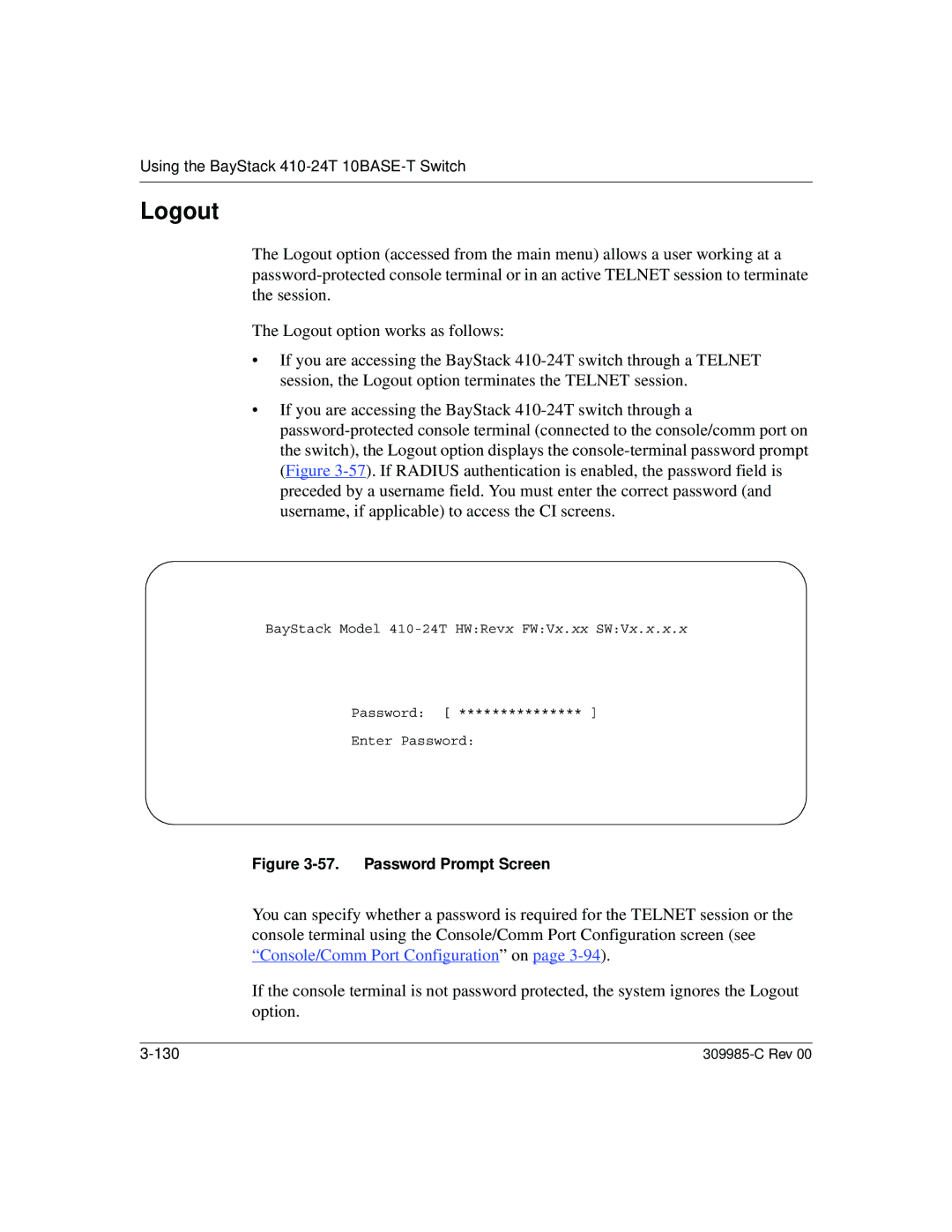 Nortel Networks 10BASE-T manual Logout, Password Prompt Screen 