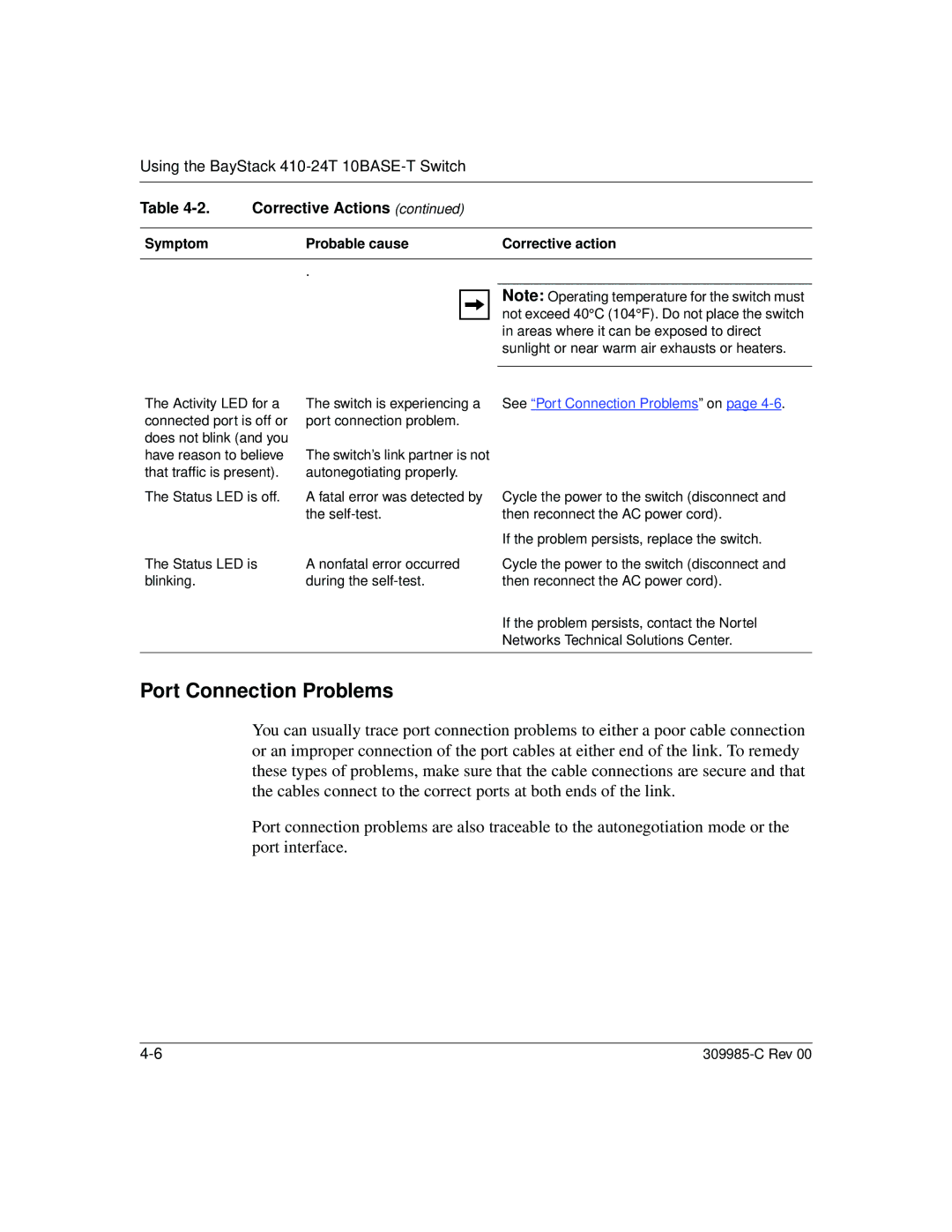 Nortel Networks 10BASE-T manual See Port Connection Problems on 