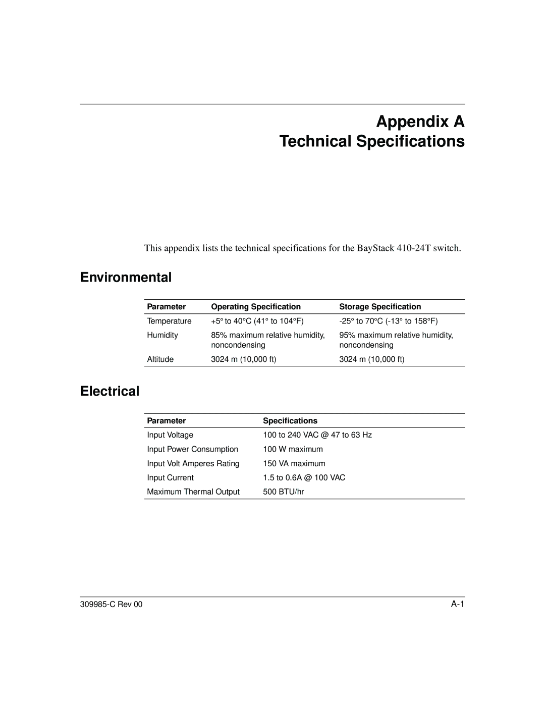 Nortel Networks 10BASE-T manual Environmental, Electrical, Parameter Operating Specification Storage Specification 