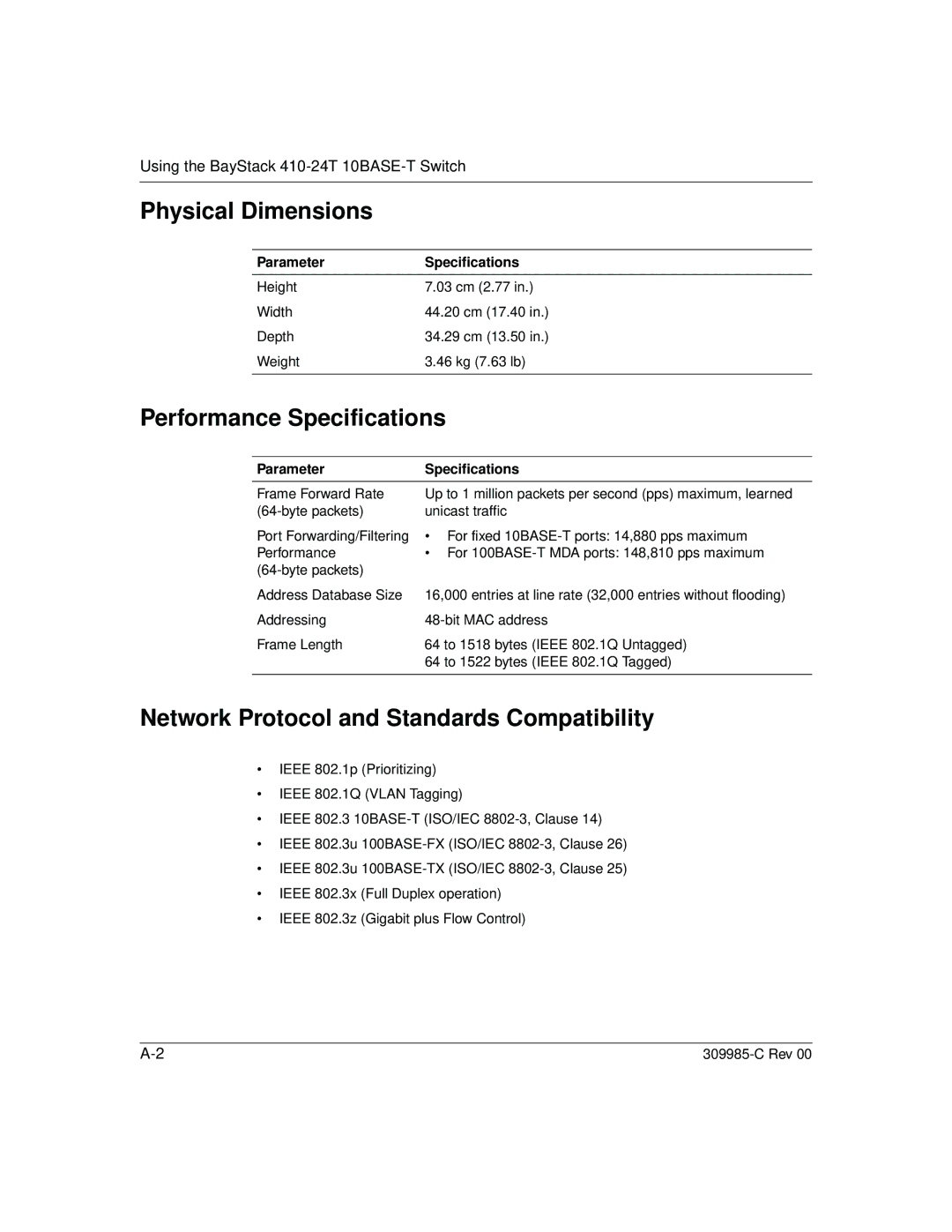 Nortel Networks 10BASE-T Physical Dimensions, Performance Specifications, Network Protocol and Standards Compatibility 