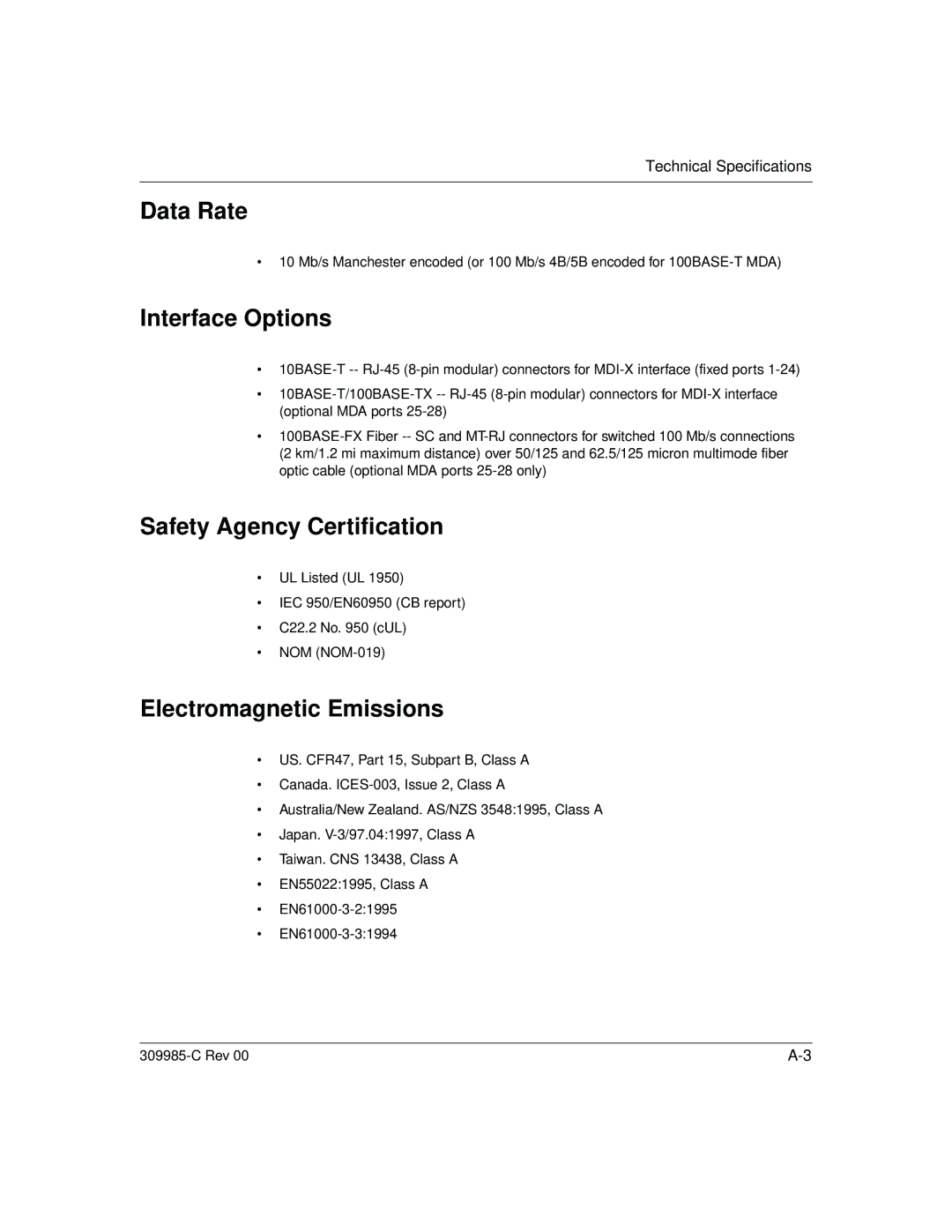 Nortel Networks 10BASE-T manual Data Rate, Interface Options, Safety Agency Certification, Electromagnetic Emissions 