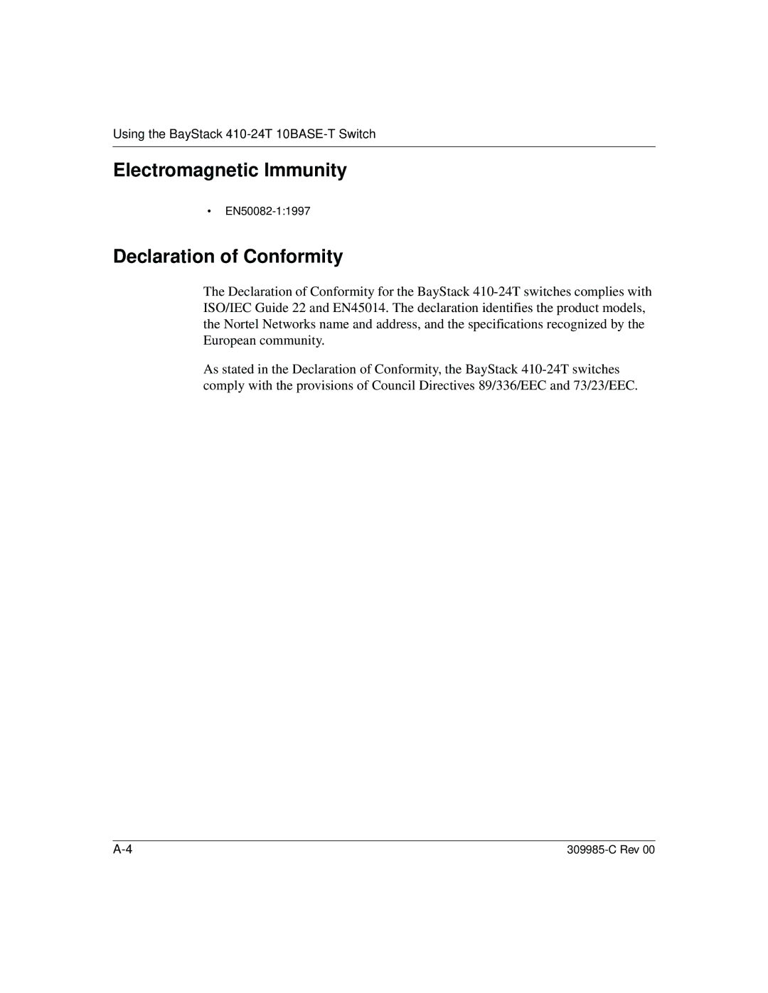 Nortel Networks 10BASE-T manual Electromagnetic Immunity, Declaration of Conformity 