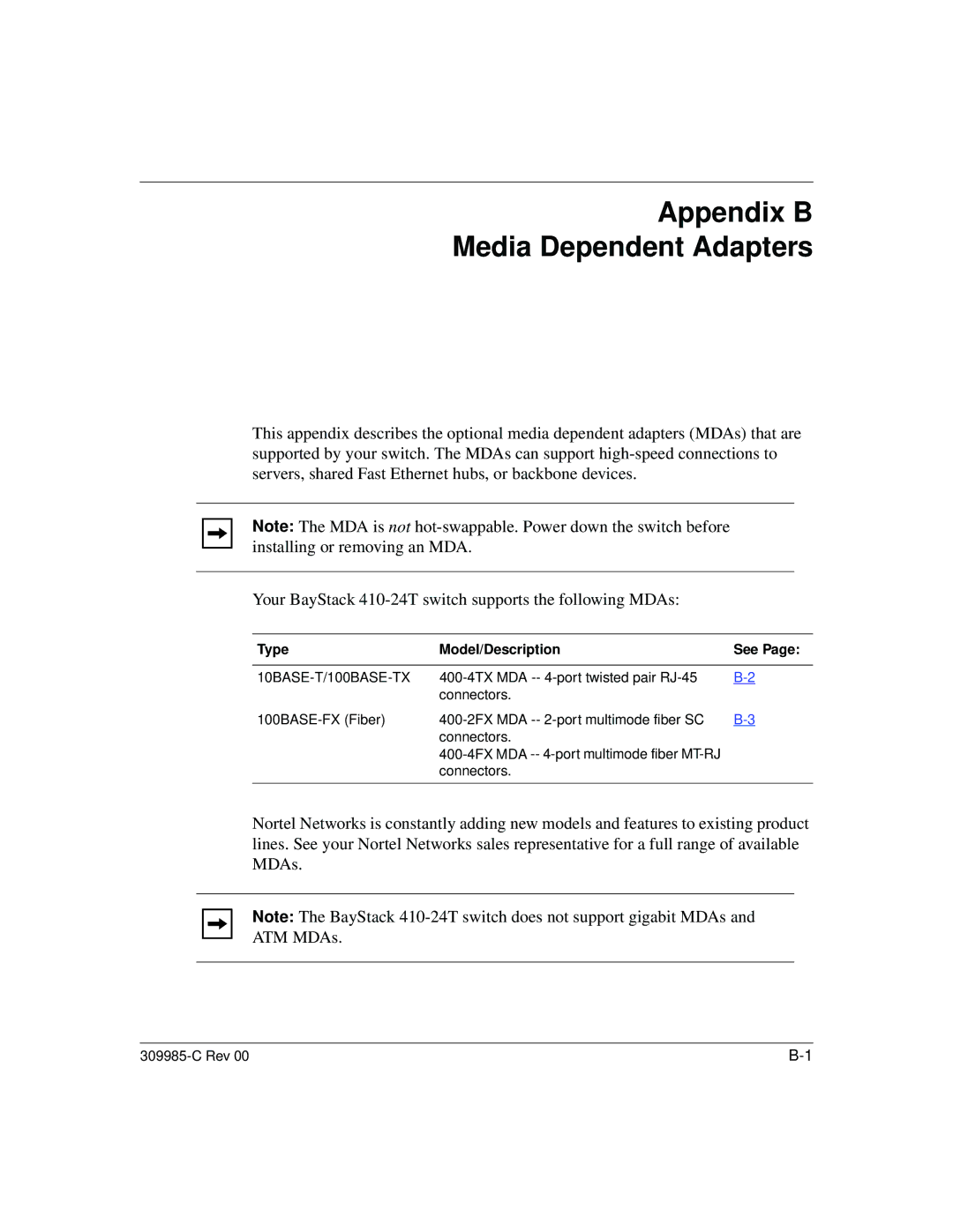 Nortel Networks 10BASE-T manual Appendix B Media Dependent Adapters, Type Model/Description See 