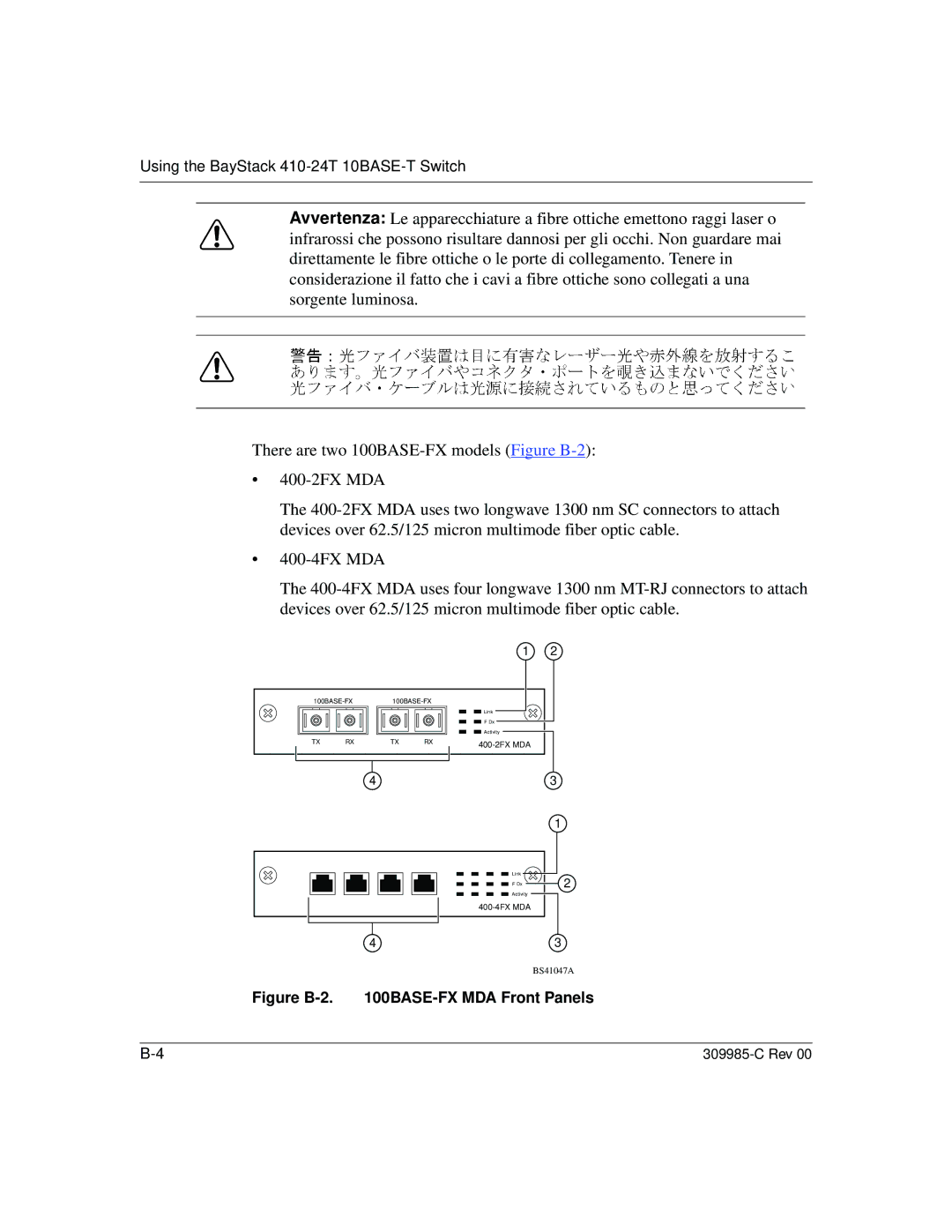 Nortel Networks 10BASE-T manual Figure B-2 BASE-FX MDA Front Panels 