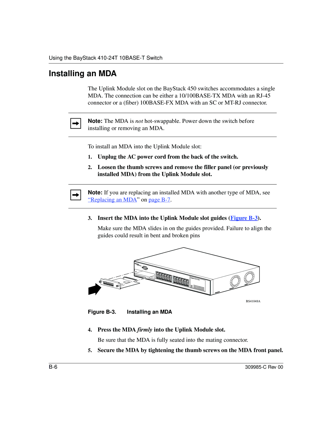 Nortel Networks 10BASE-T manual Figure B-3. Installing an MDA 