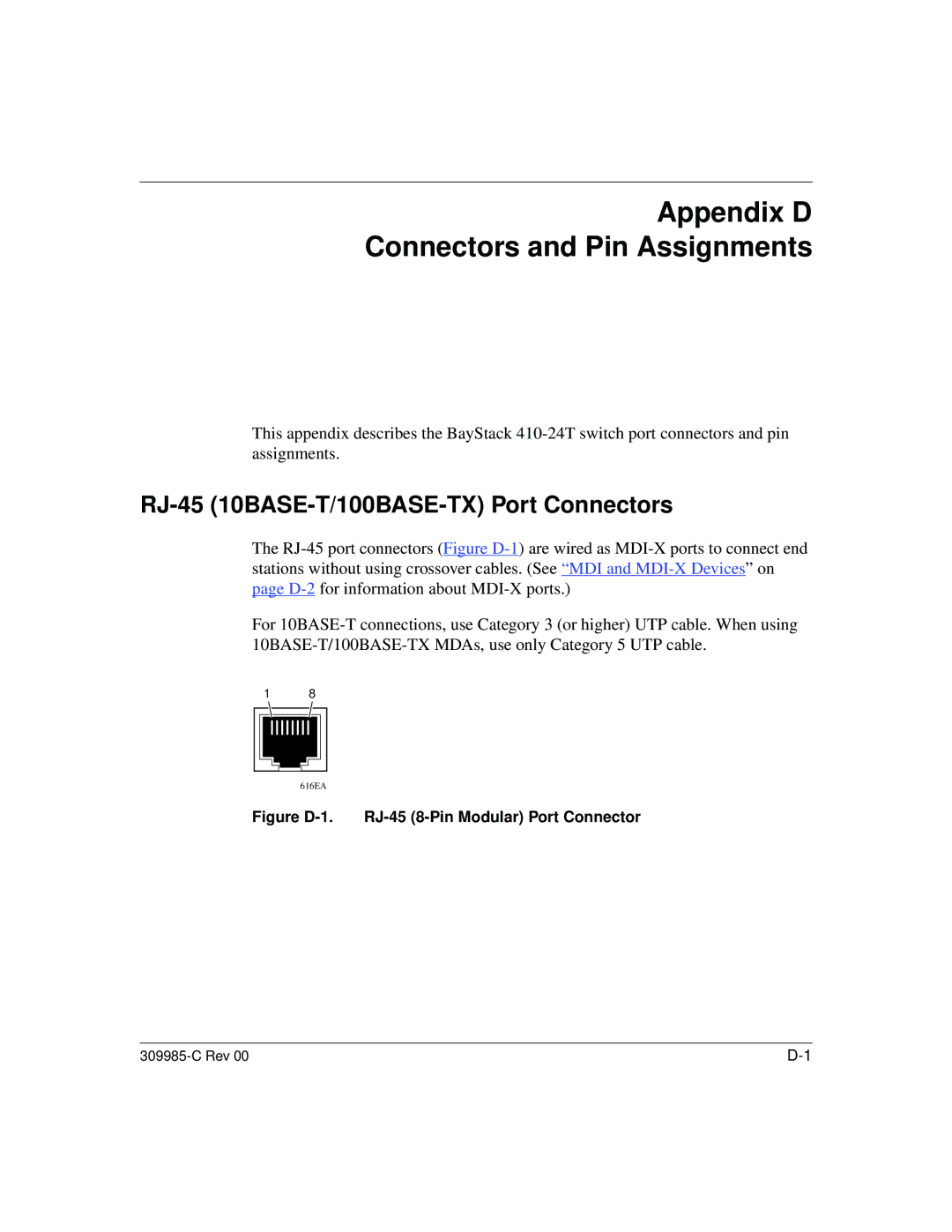 Nortel Networks manual RJ-45 10BASE-T/100BASE-TX Port Connectors, Figure D-1. RJ-45 8-Pin Modular Port Connector 