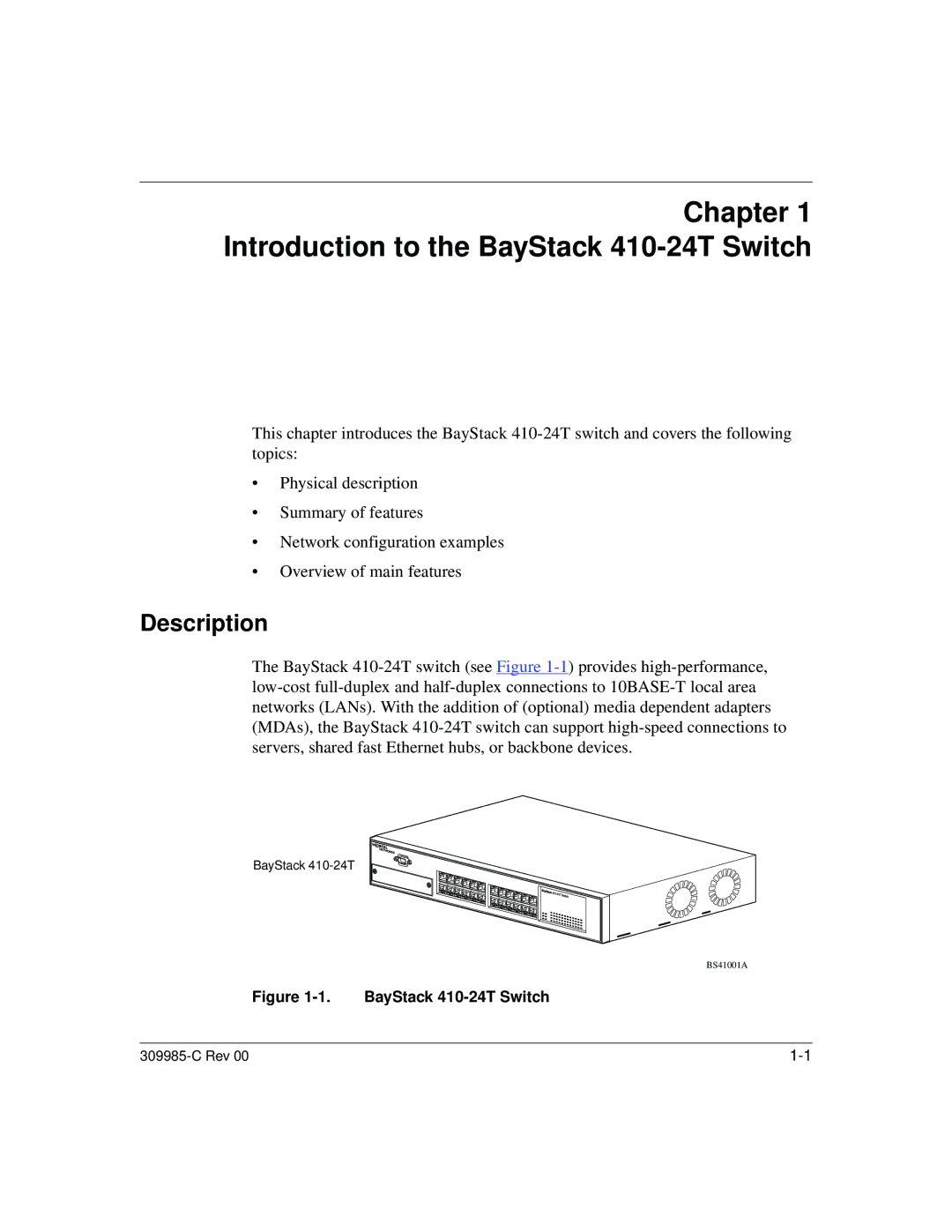 Nortel Networks 10BASE-T manual Description, BayStack 410-24T Switch 