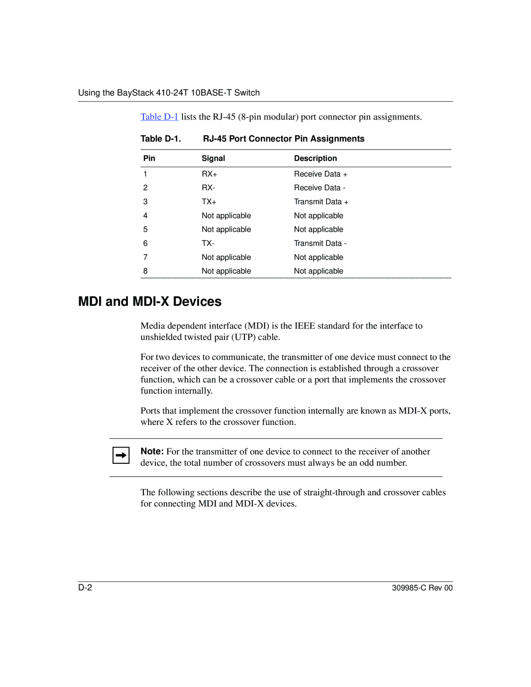 Nortel Networks 10BASE-T MDI and MDI-X Devices, Table D-1 RJ-45 Port Connector Pin Assignments, Pin Signal Description 