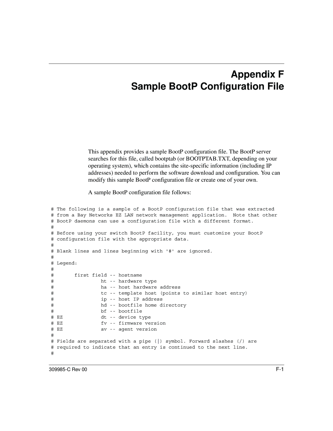 Nortel Networks 10BASE-T manual Appendix F Sample BootP Configuration File 