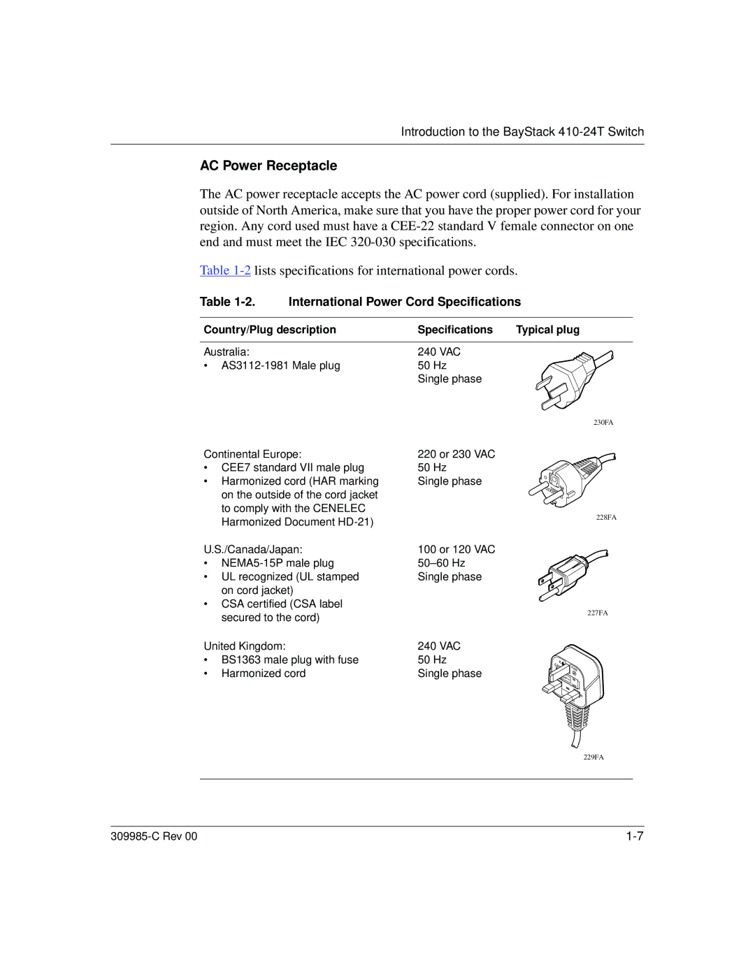 Nortel Networks 10BASE-T manual AC Power Receptacle, International Power Cord Specifications 