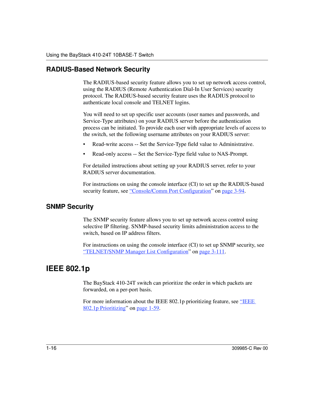 Nortel Networks 10BASE-T manual Ieee 802.1p, RADIUS-Based Network Security, Snmp Security 