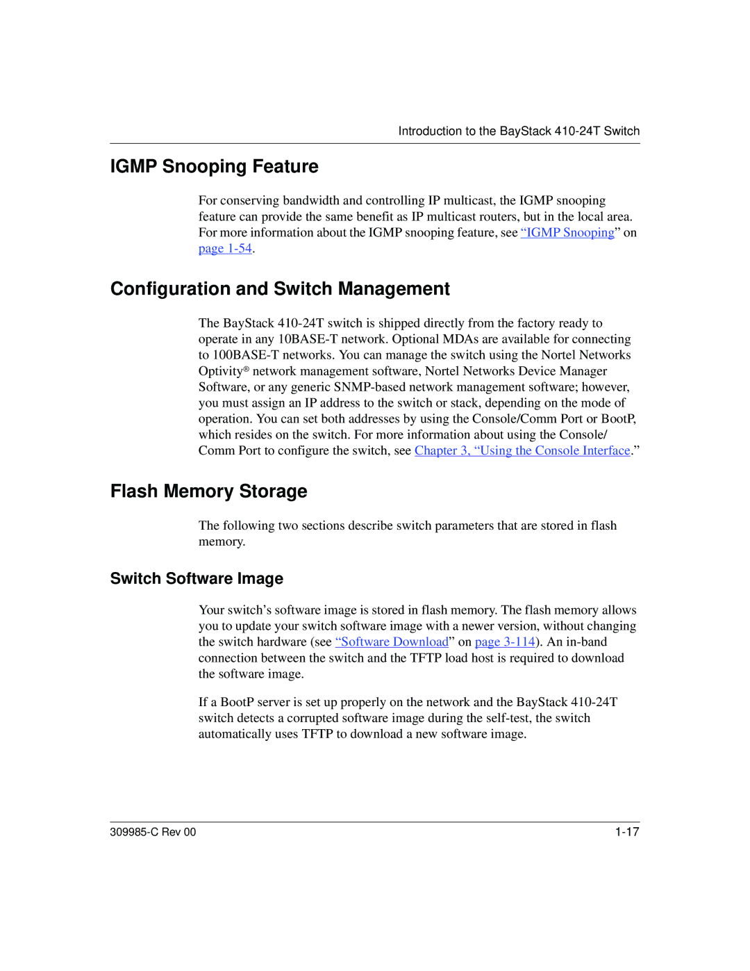 Nortel Networks 10BASE-T manual Igmp Snooping Feature, Configuration and Switch Management, Flash Memory Storage 