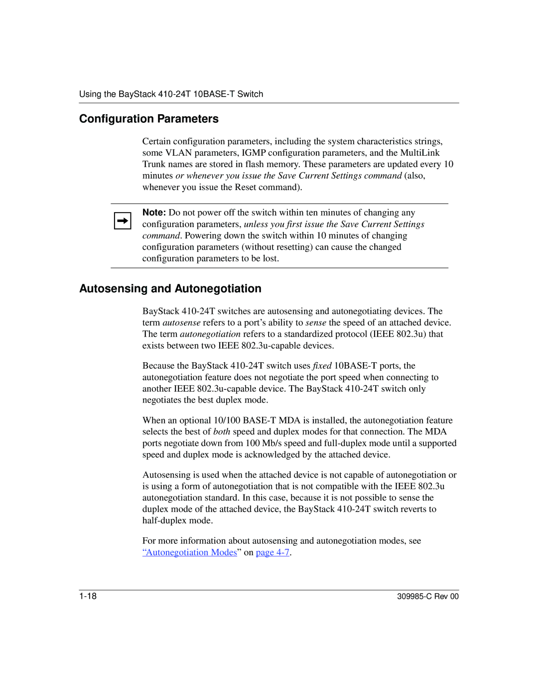 Nortel Networks 10BASE-T manual Configuration Parameters, Autosensing and Autonegotiation 