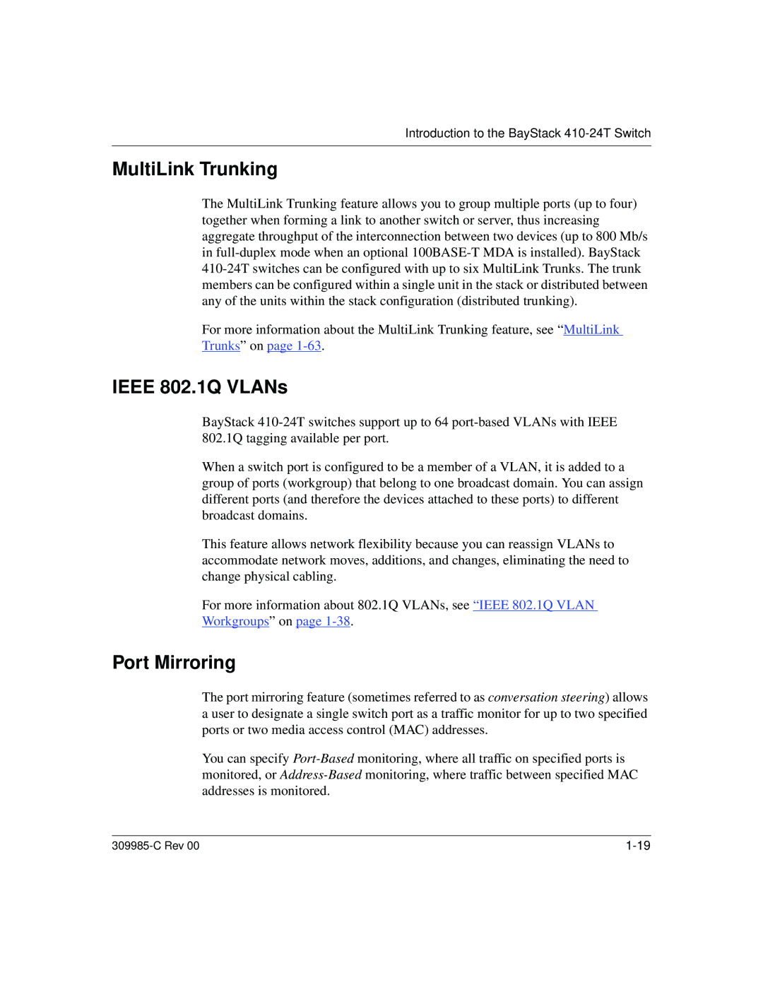 Nortel Networks 10BASE-T manual MultiLink Trunking, Ieee 802.1Q VLANs, Port Mirroring 