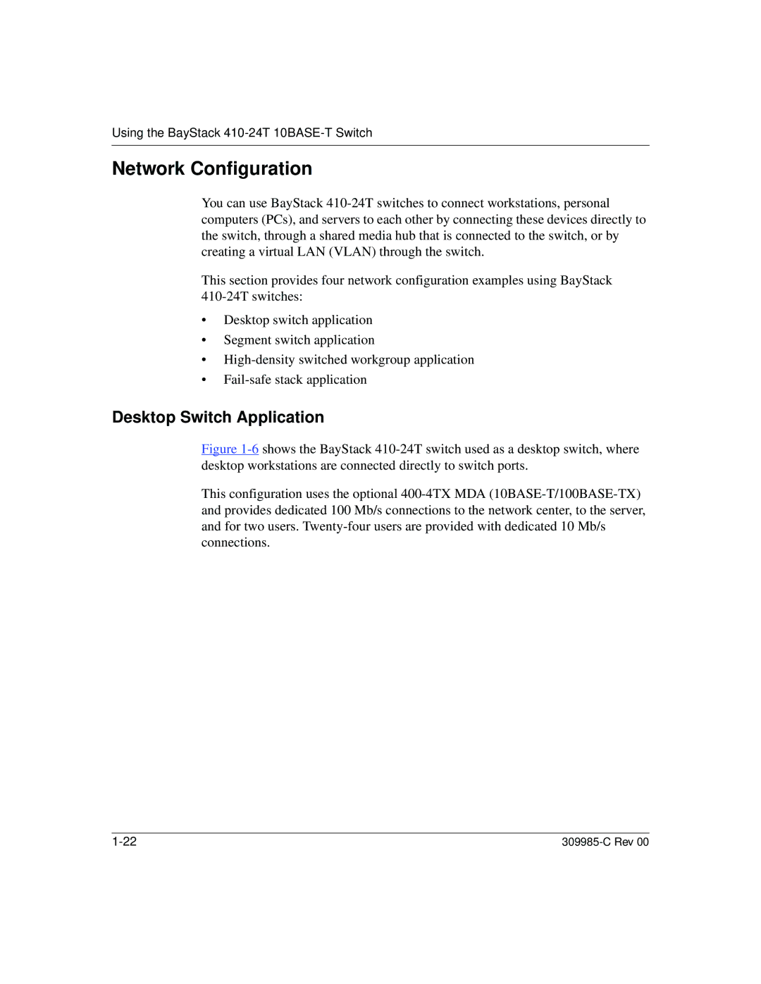 Nortel Networks 10BASE-T manual Network Configuration, Desktop Switch Application 