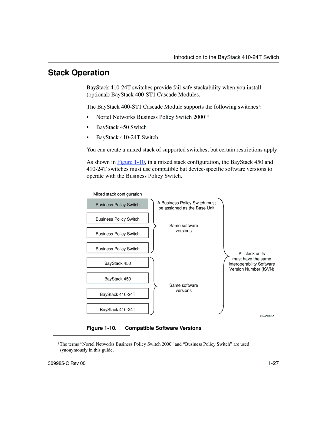 Nortel Networks 10BASE-T manual Stack Operation, Compatible Software Versions 