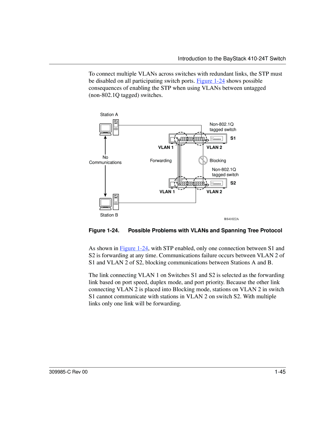 Nortel Networks 10BASE-T manual Possible Problems with VLANs and Spanning Tree Protocol 