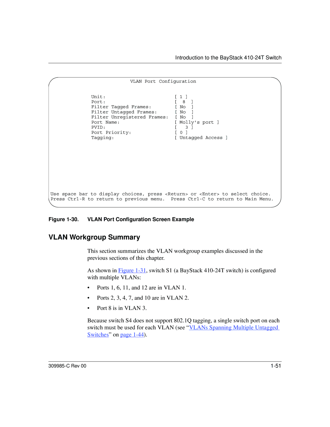 Nortel Networks 10BASE-T manual Vlan Workgroup Summary, Vlan Port Configuration Screen Example 