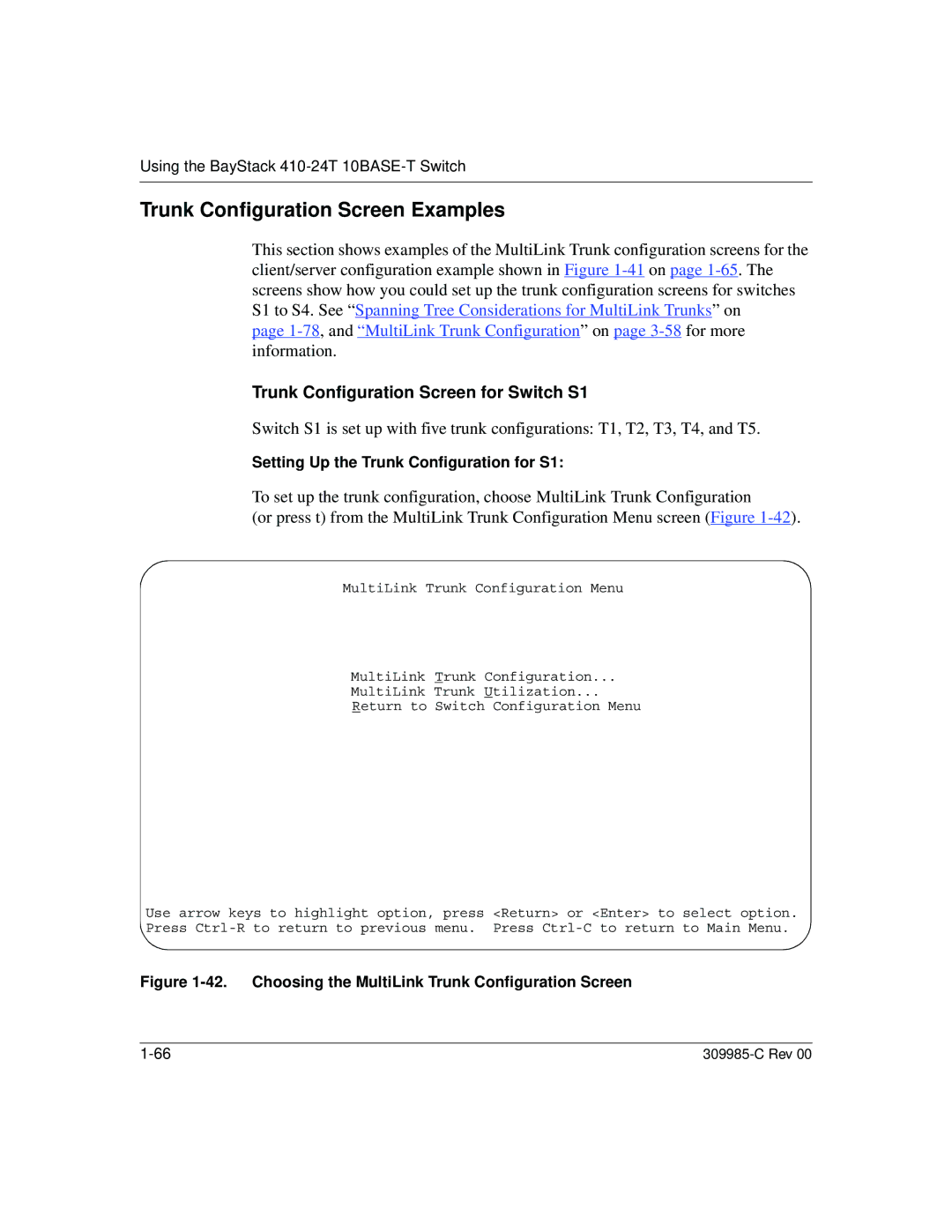 Nortel Networks 10BASE-T manual Trunk Configuration Screen Examples, Trunk Configuration Screen for Switch S1 