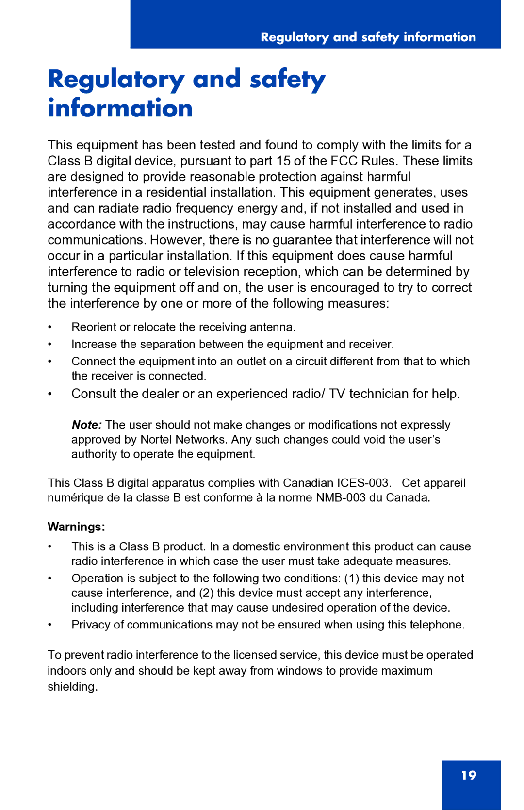 Nortel Networks 1100 Series manual Regulatory and safety information 