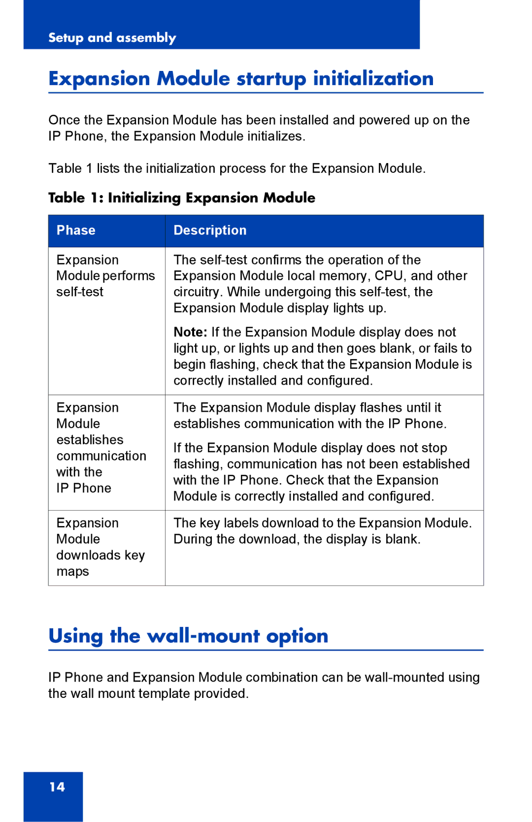 Nortel Networks 1100 manual Expansion Module startup initialization, Using the wall-mount option 