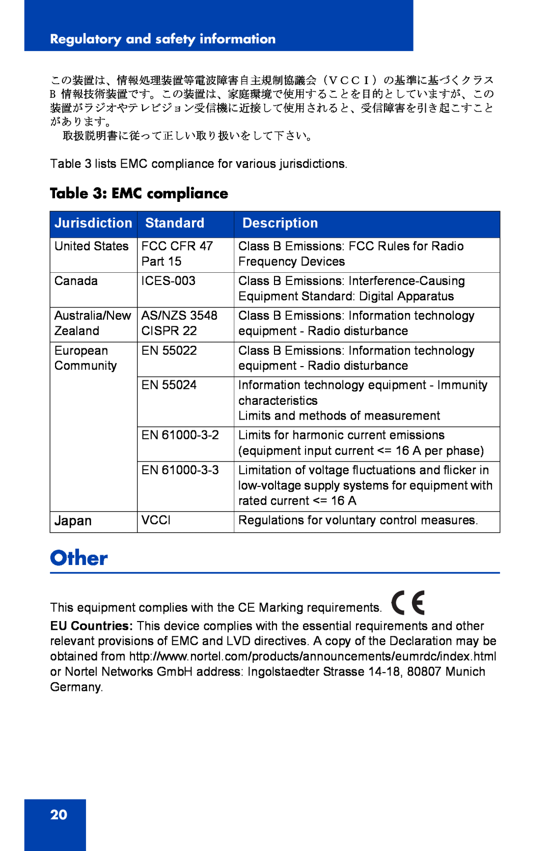 Nortel Networks 1100 manual Other, EMC compliance, Jurisdiction, Standard, Description, Regulatory and safety information 