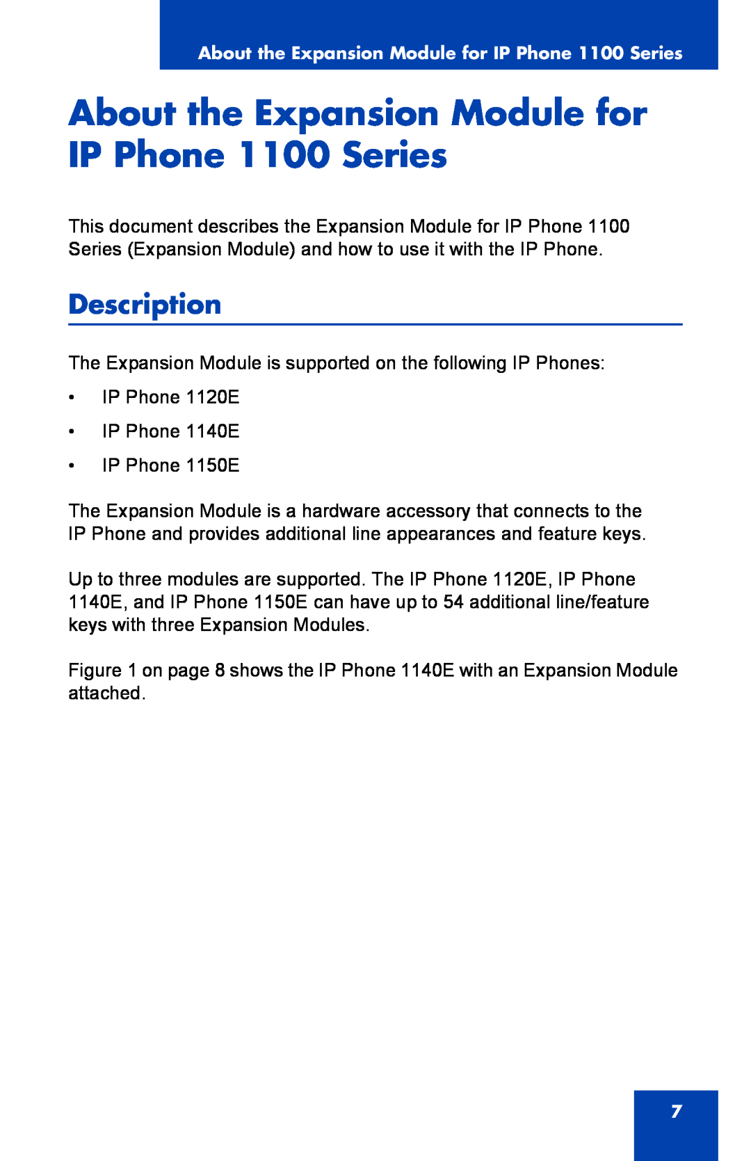 Nortel Networks manual About the Expansion Module for IP Phone 1100 Series, Description 