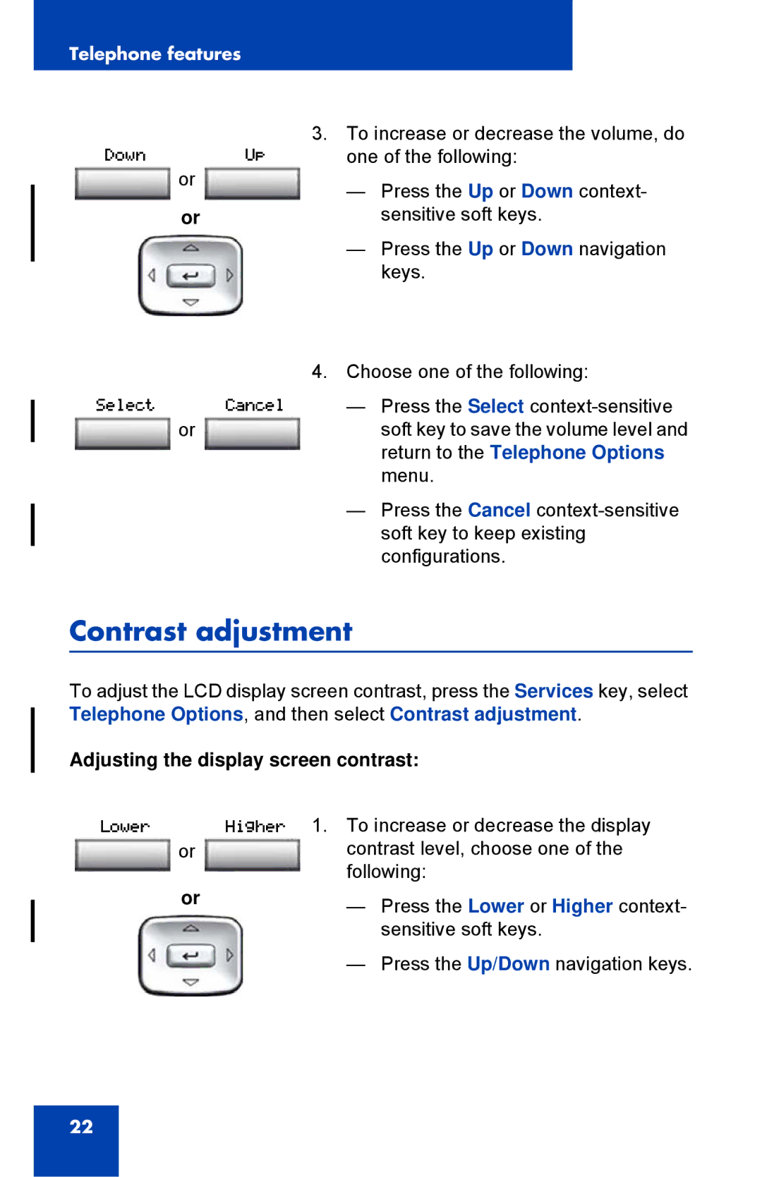 Nortel Networks 1110 manual Contrast adjustment, Adjusting the display screen contrast 