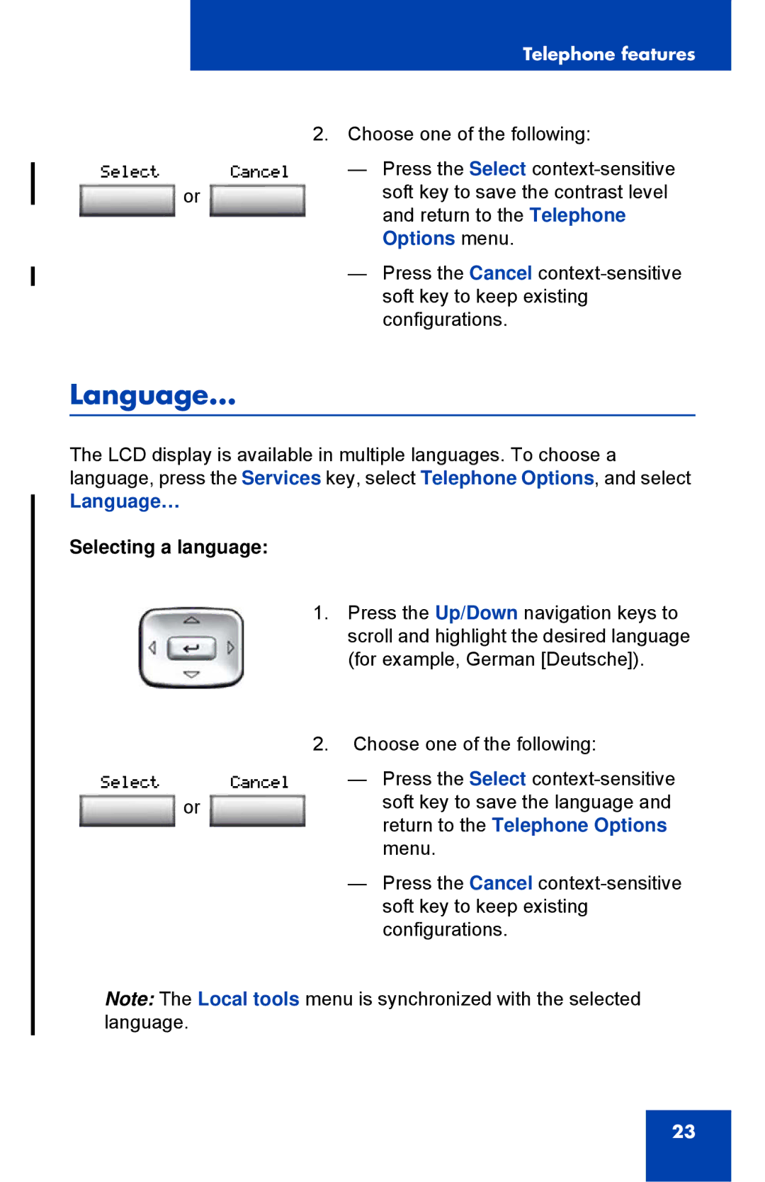 Nortel Networks 1110 manual Options menu, Language…, Selecting a language 