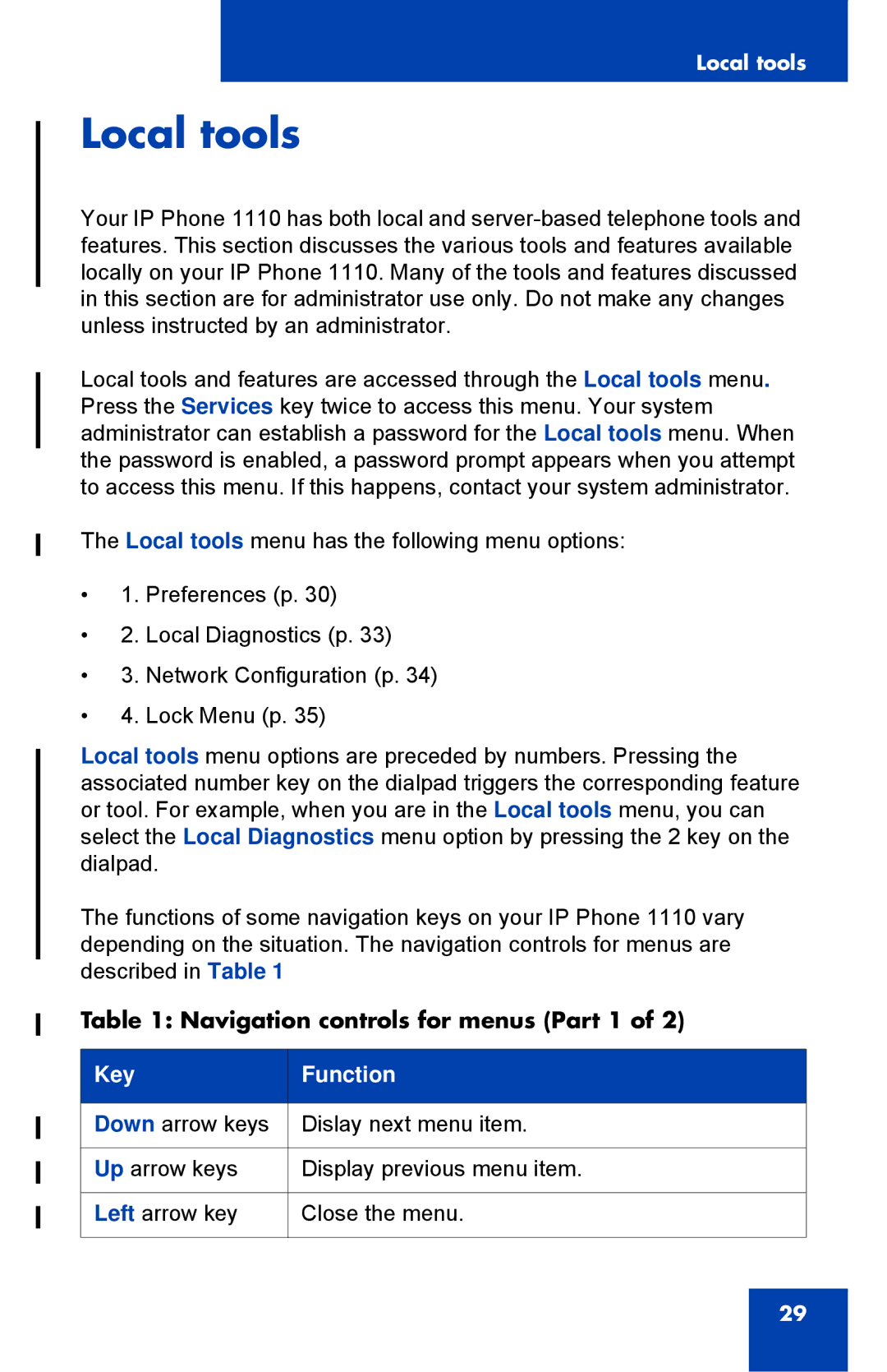 Nortel Networks 1110 manual Local tools, Navigation controls for menus Part 1 