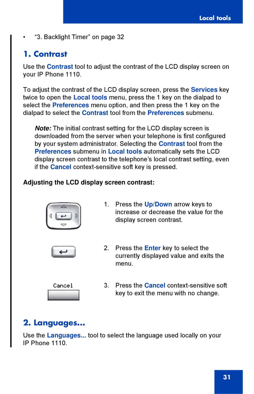 Nortel Networks 1110 manual Contrast, Languages, Adjusting the LCD display screen contrast 