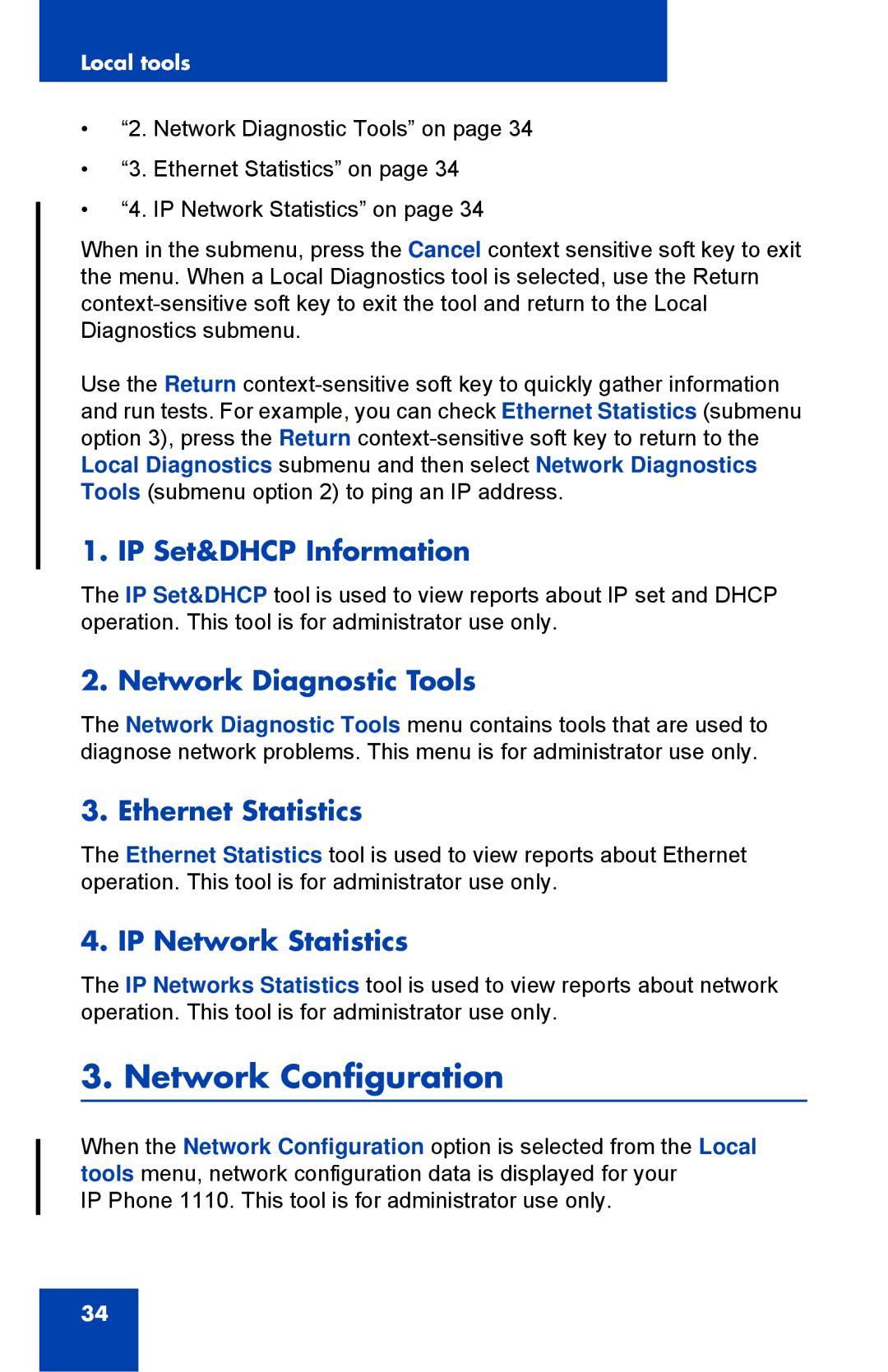 Nortel Networks 1110 manual Network Configuration, IP Set&DHCP Information, Network Diagnostic Tools, Ethernet Statistics 